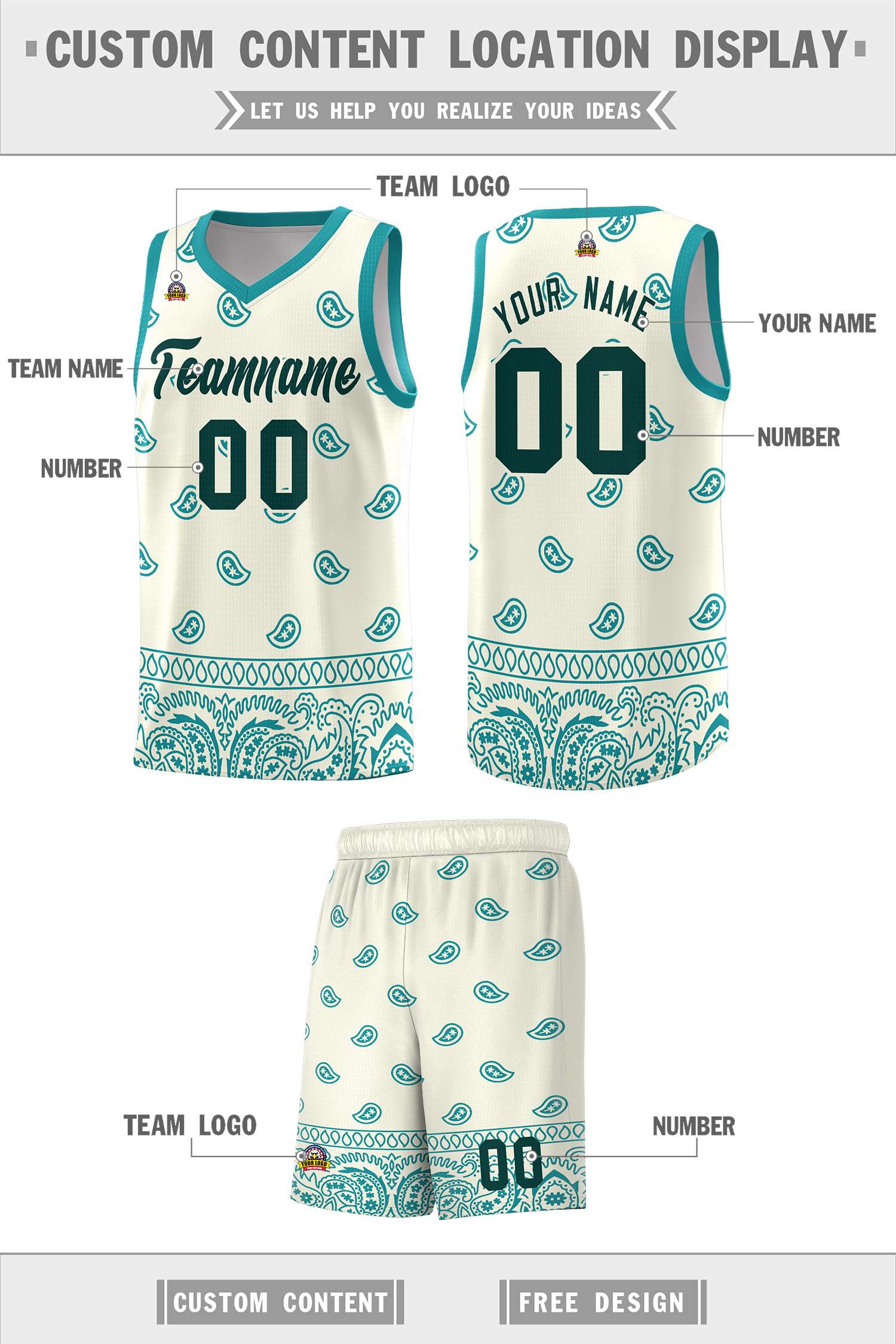 Custom White Aqua Personalized Cashew Pattern Sports Uniform Basketball Jersey