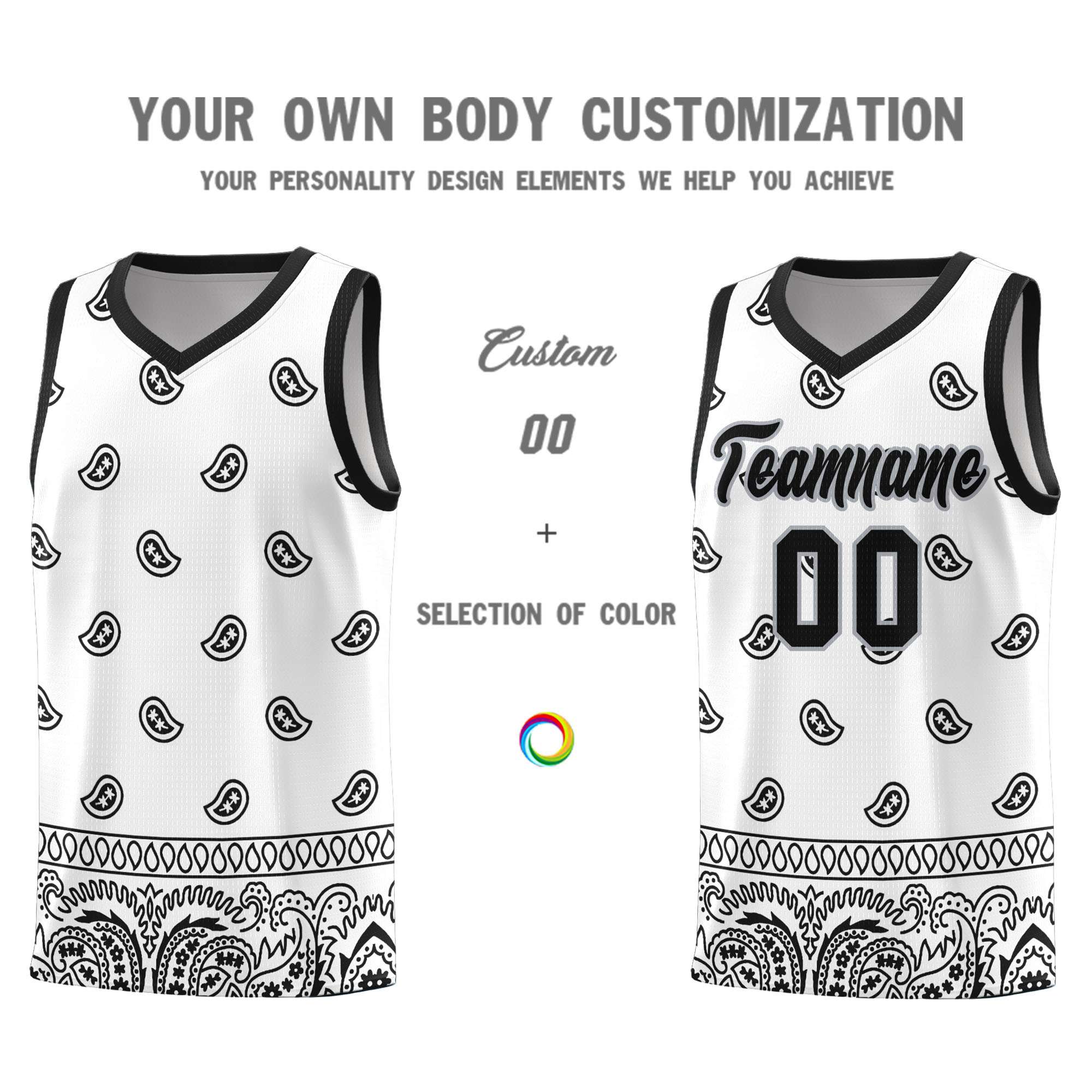 Custom White Black Personalized Cashew Pattern Sports Uniform Basketball Jersey