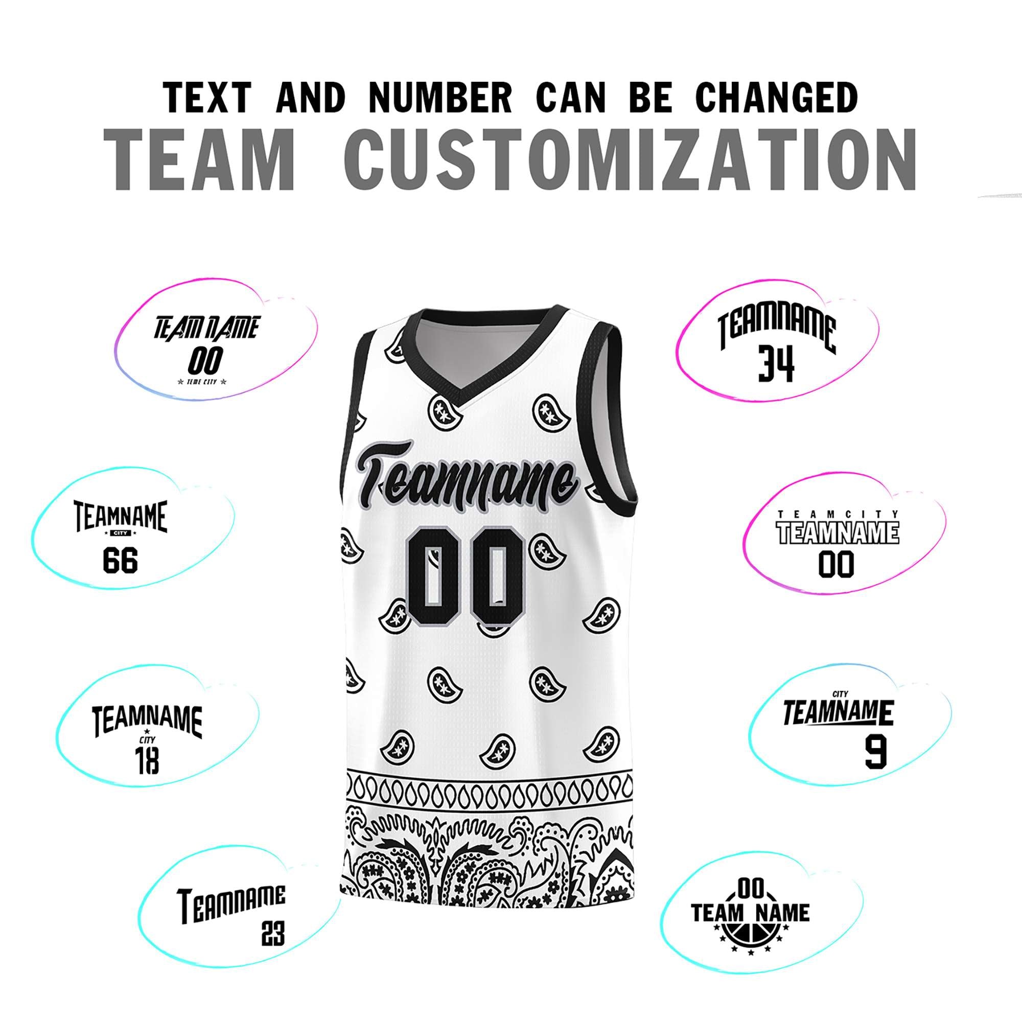 Custom White Black Personalized Cashew Pattern Sports Uniform Basketball Jersey