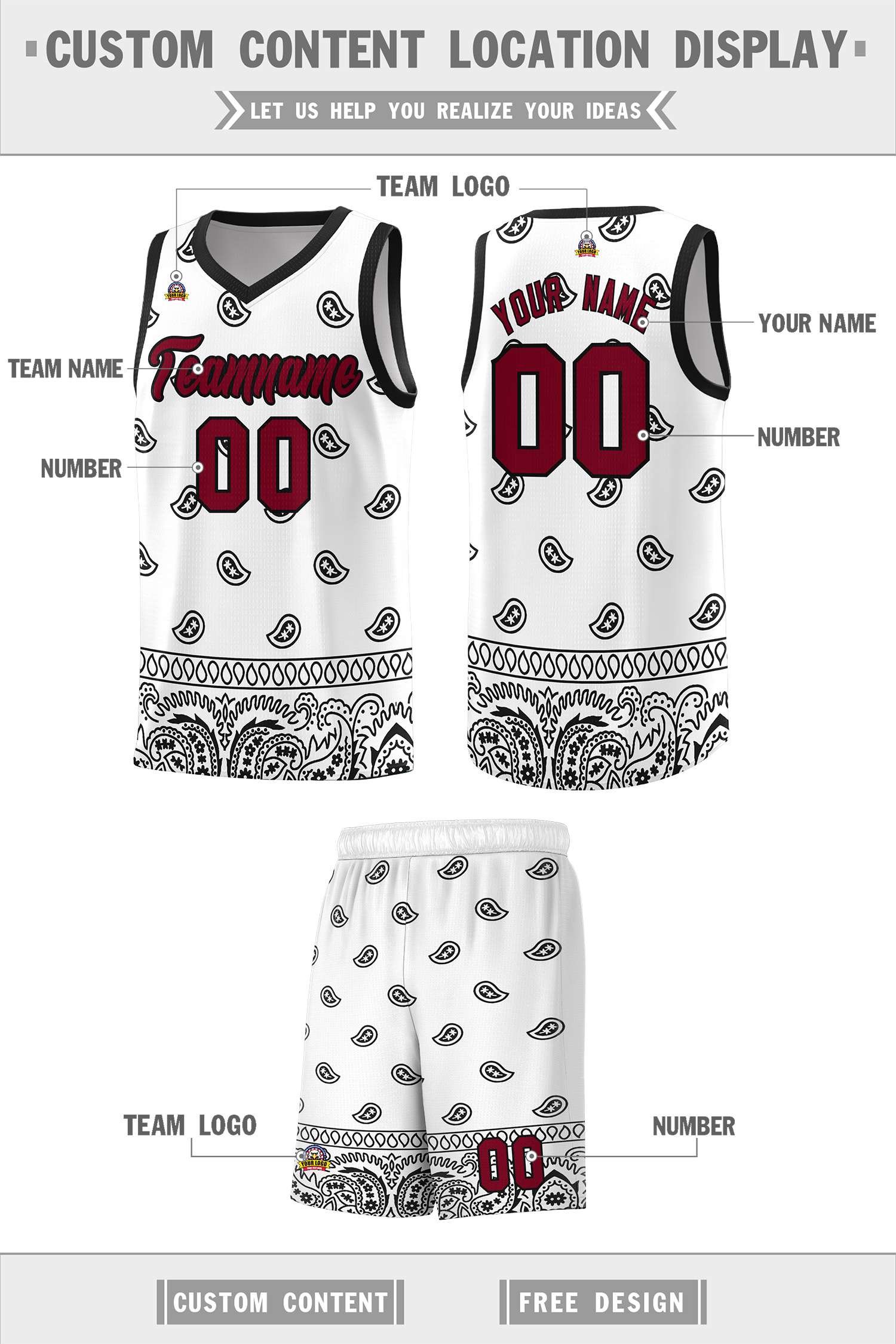 Custom White Black Personalized Cashew Pattern Sports Uniform Basketball Jersey