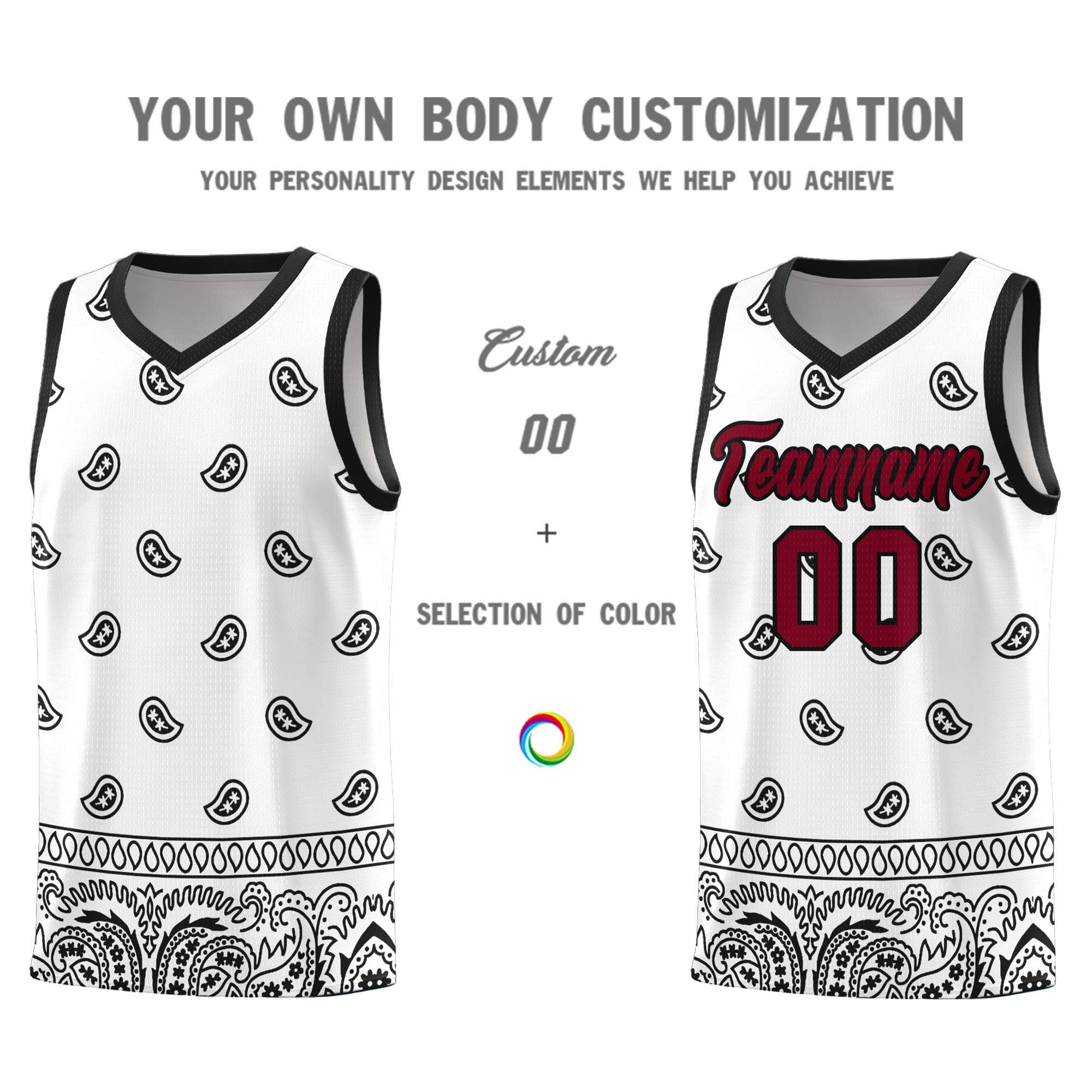 Custom White Black Personalized Cashew Pattern Sports Uniform Basketball Jersey