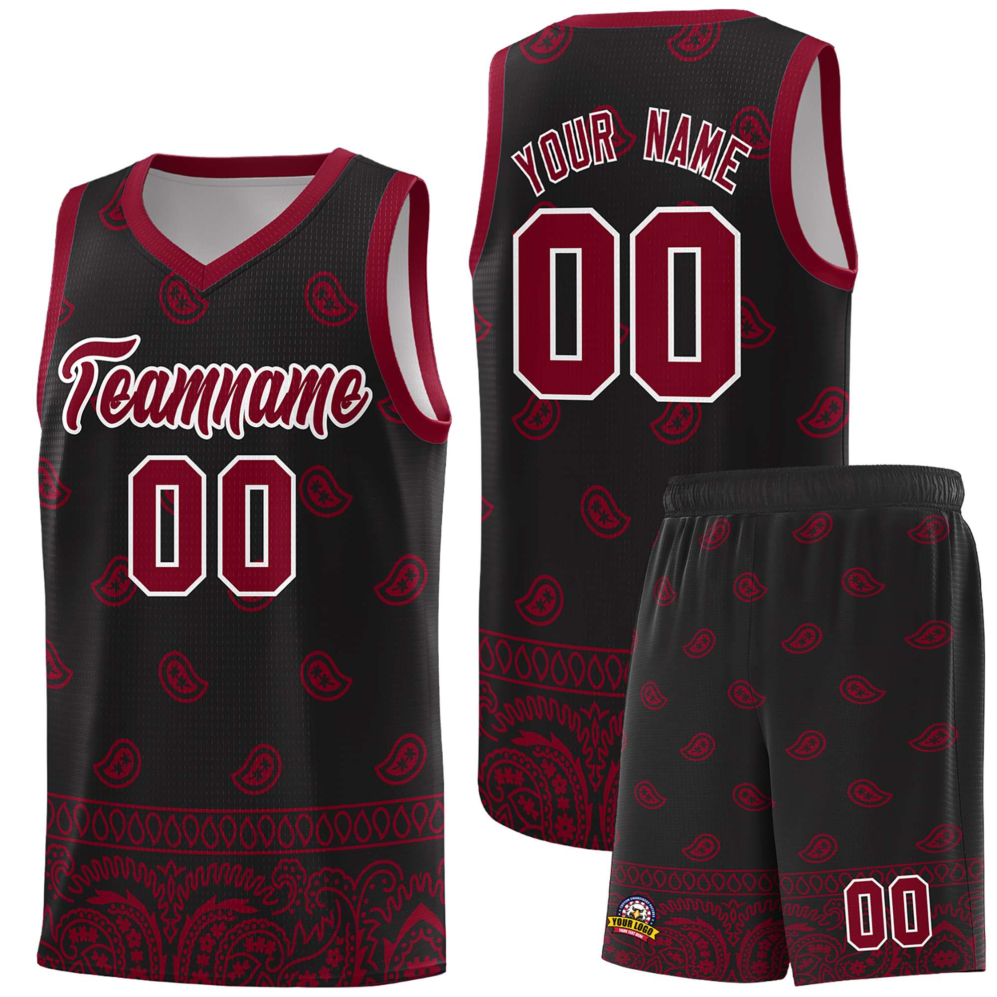 Custom Black Crimson Personalized Cashew Pattern Sports Uniform Basketball Jersey