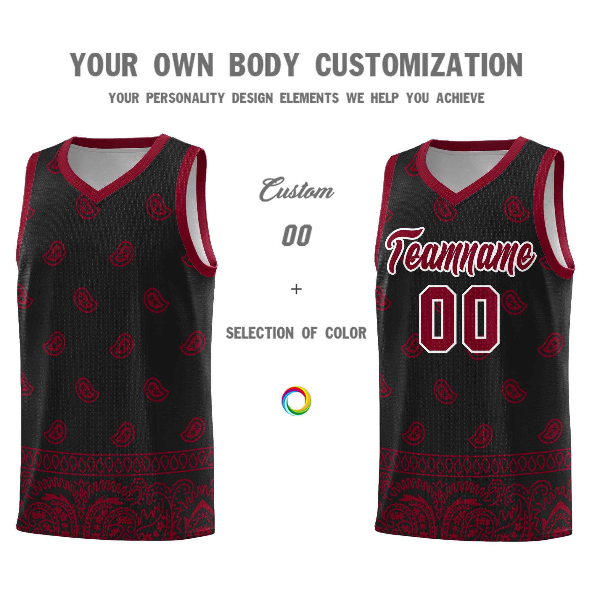 Custom Black Crimson Personalized Cashew Pattern Sports Uniform Basketball Jersey