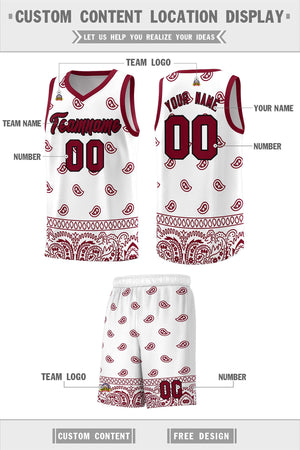 Custom White Crimson Personalized Cashew Pattern Sports Uniform Basketball Jersey