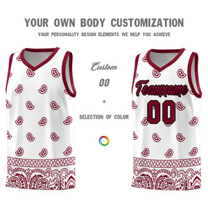 Custom White Crimson Personalized Cashew Pattern Sports Uniform Basketball Jersey