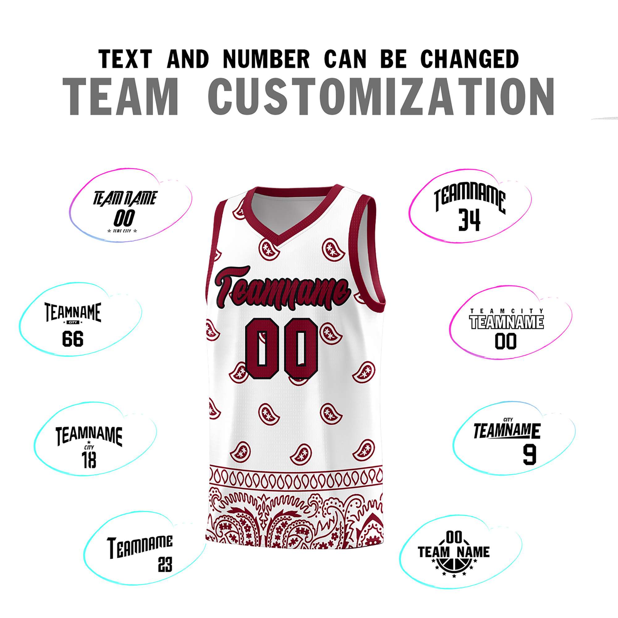 Custom White Crimson Personalized Cashew Pattern Sports Uniform Basketball Jersey