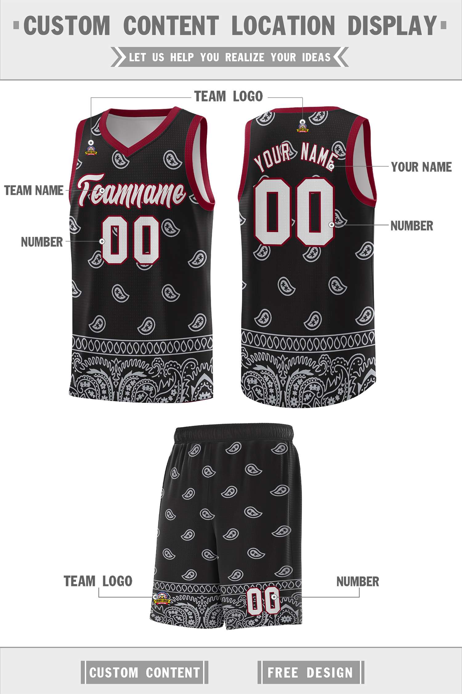 Custom Black Gray Personalized Cashew Pattern Sports Uniform Basketball Jersey