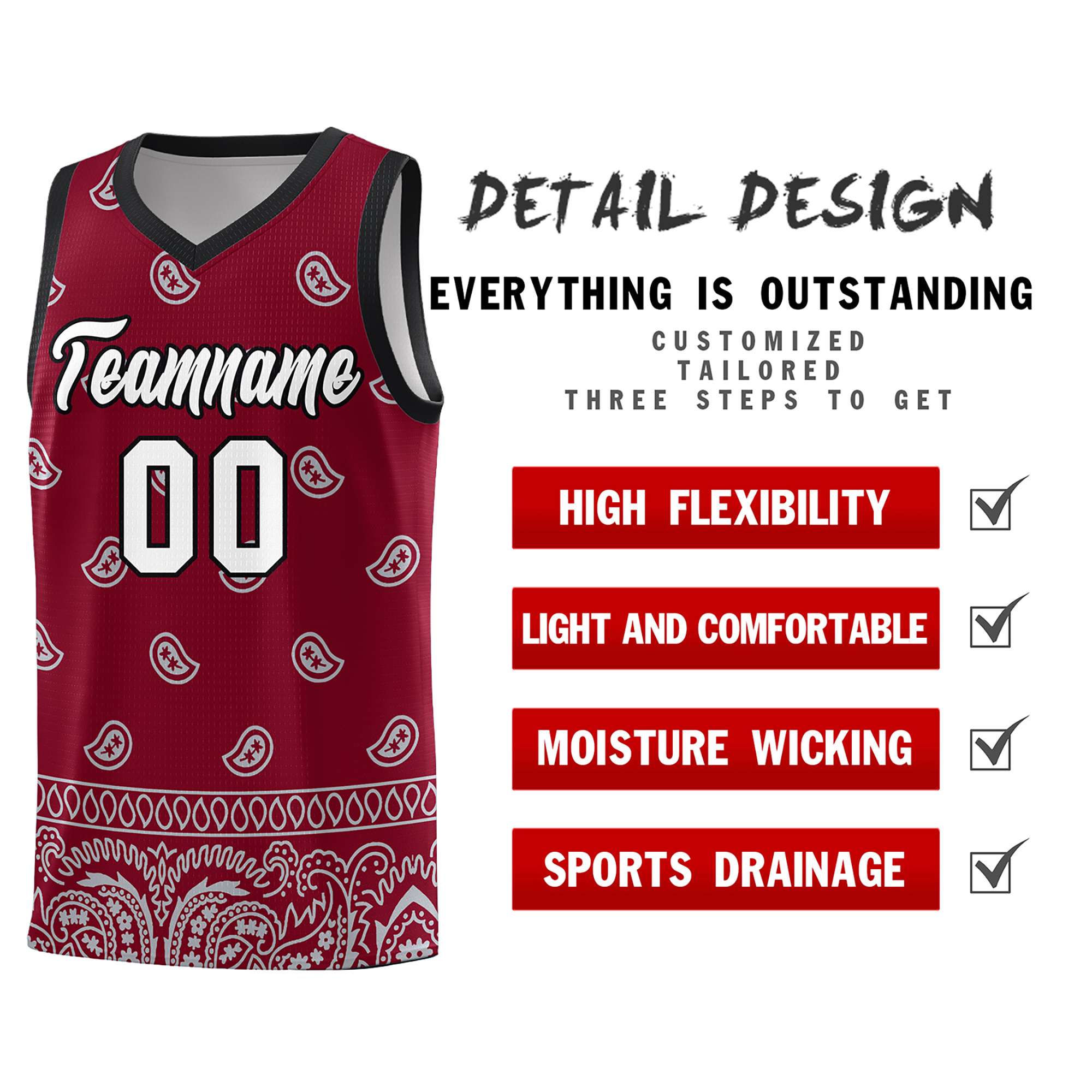 Custom Crimson Gray Personalized Cashew Pattern Sports Uniform Basketball Jersey