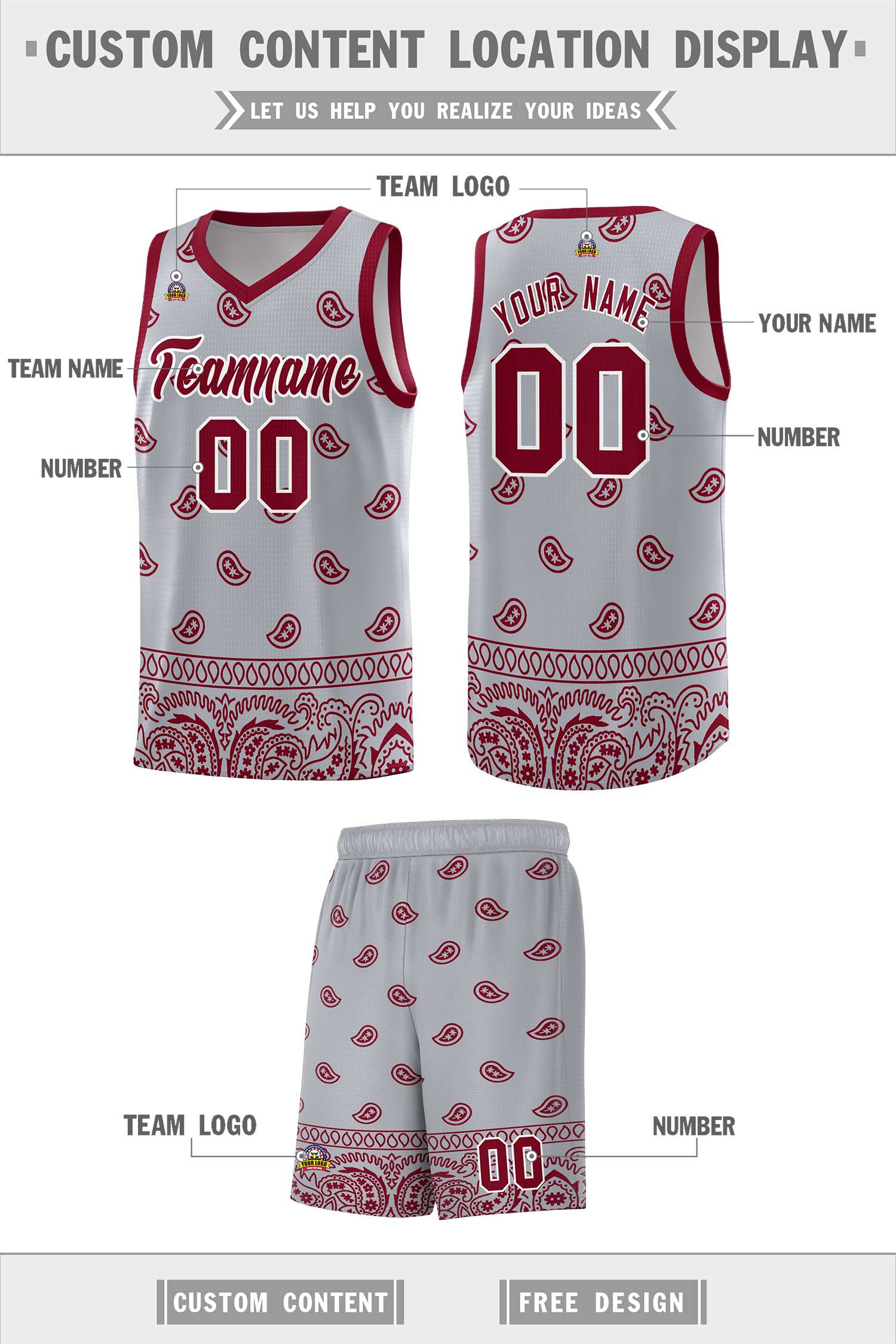 Custom Gray Crimson Personalized Cashew Pattern Sports Uniform Basketball Jersey