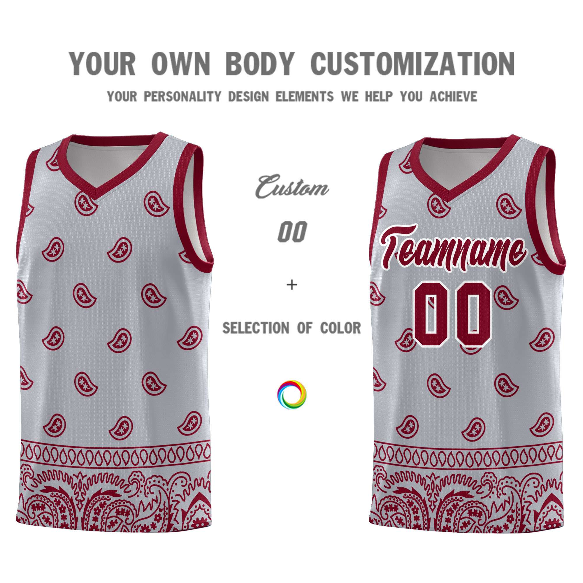 Custom Gray Crimson Personalized Cashew Pattern Sports Uniform Basketball Jersey