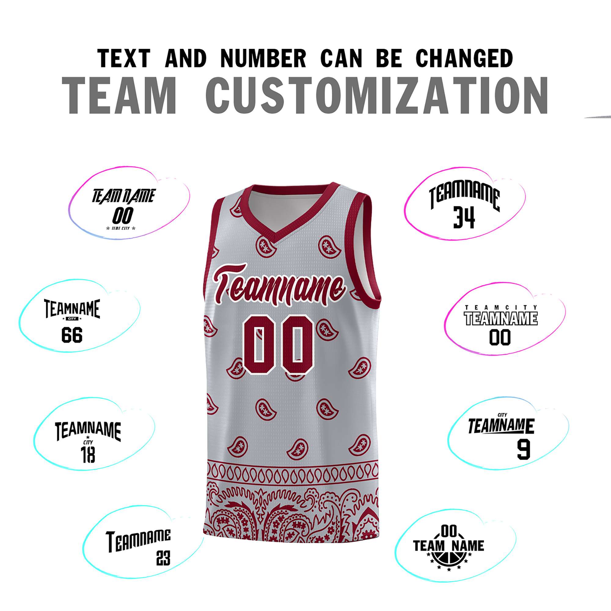 Custom Gray Crimson Personalized Cashew Pattern Sports Uniform Basketball Jersey