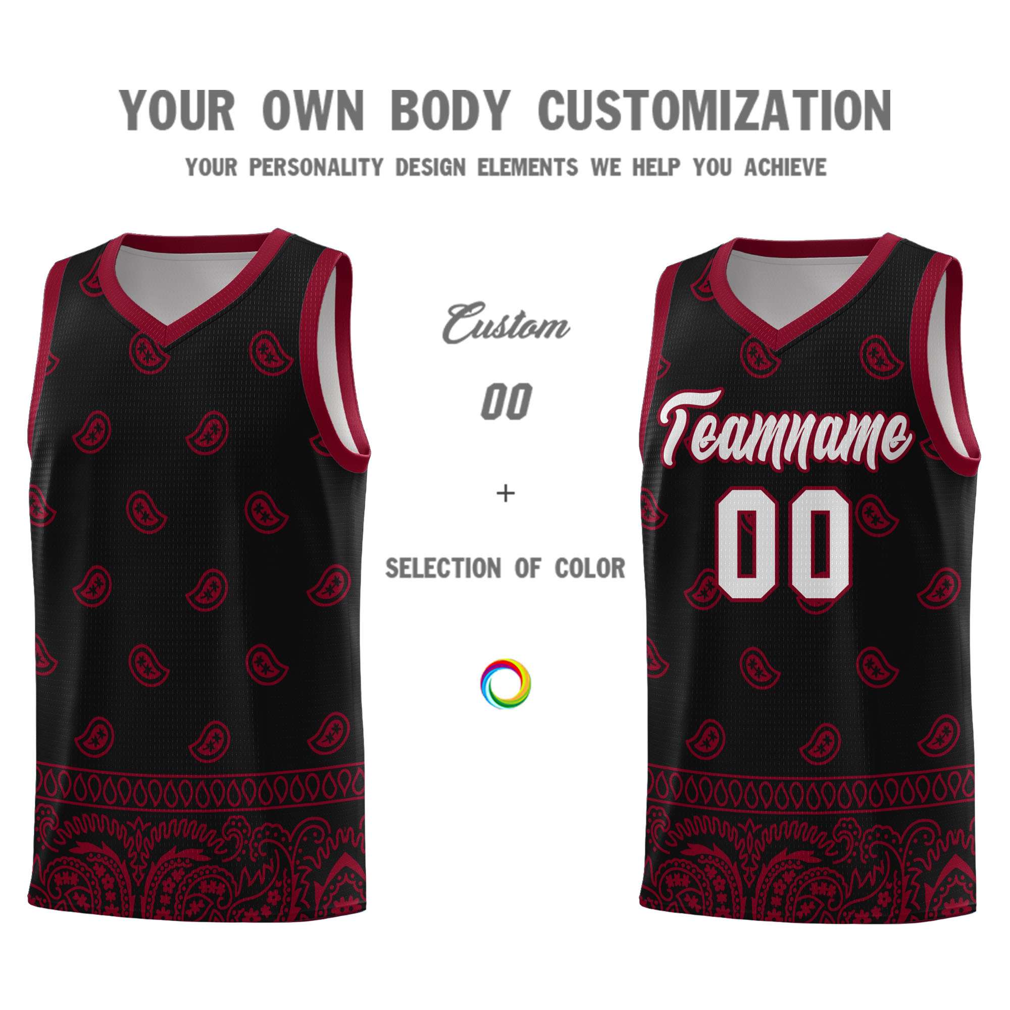 Custom Black Crimson Personalized Cashew Pattern Sports Uniform Basketball Jersey