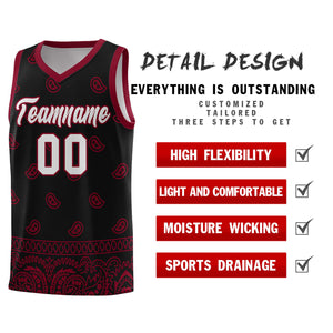 Custom Black Crimson Personalized Cashew Pattern Sports Uniform Basketball Jersey