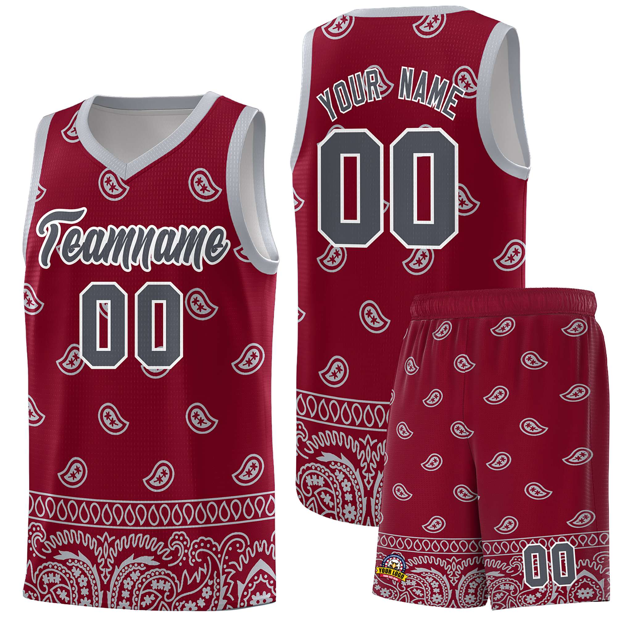 Custom Crimson Gray Personalized Cashew Pattern Sports Uniform Basketball Jersey