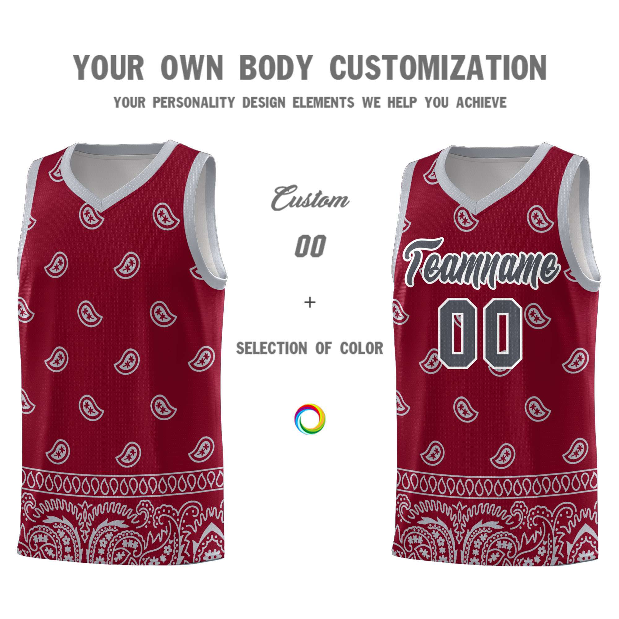 Custom Crimson Gray Personalized Cashew Pattern Sports Uniform Basketball Jersey