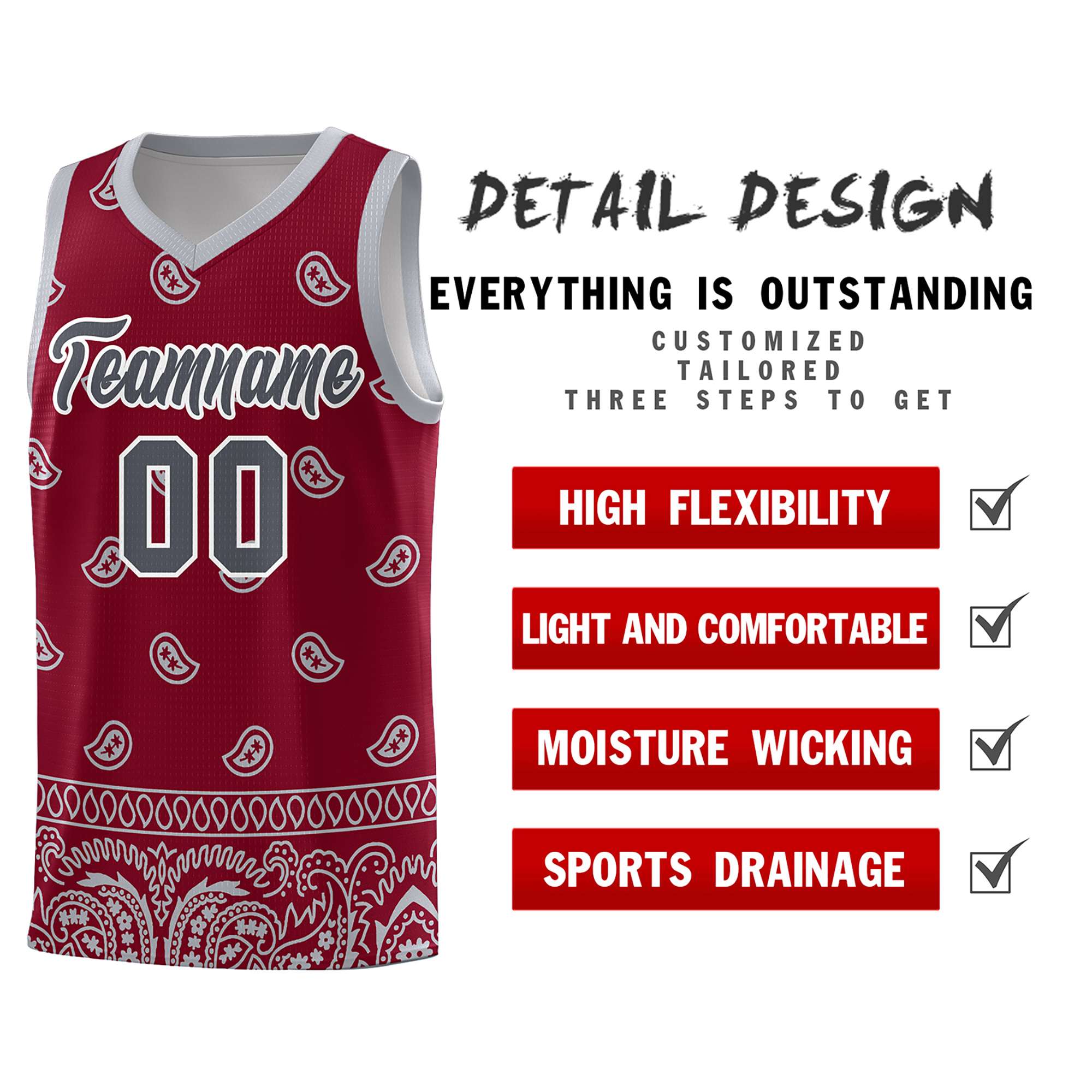 Custom Crimson Gray Personalized Cashew Pattern Sports Uniform Basketball Jersey