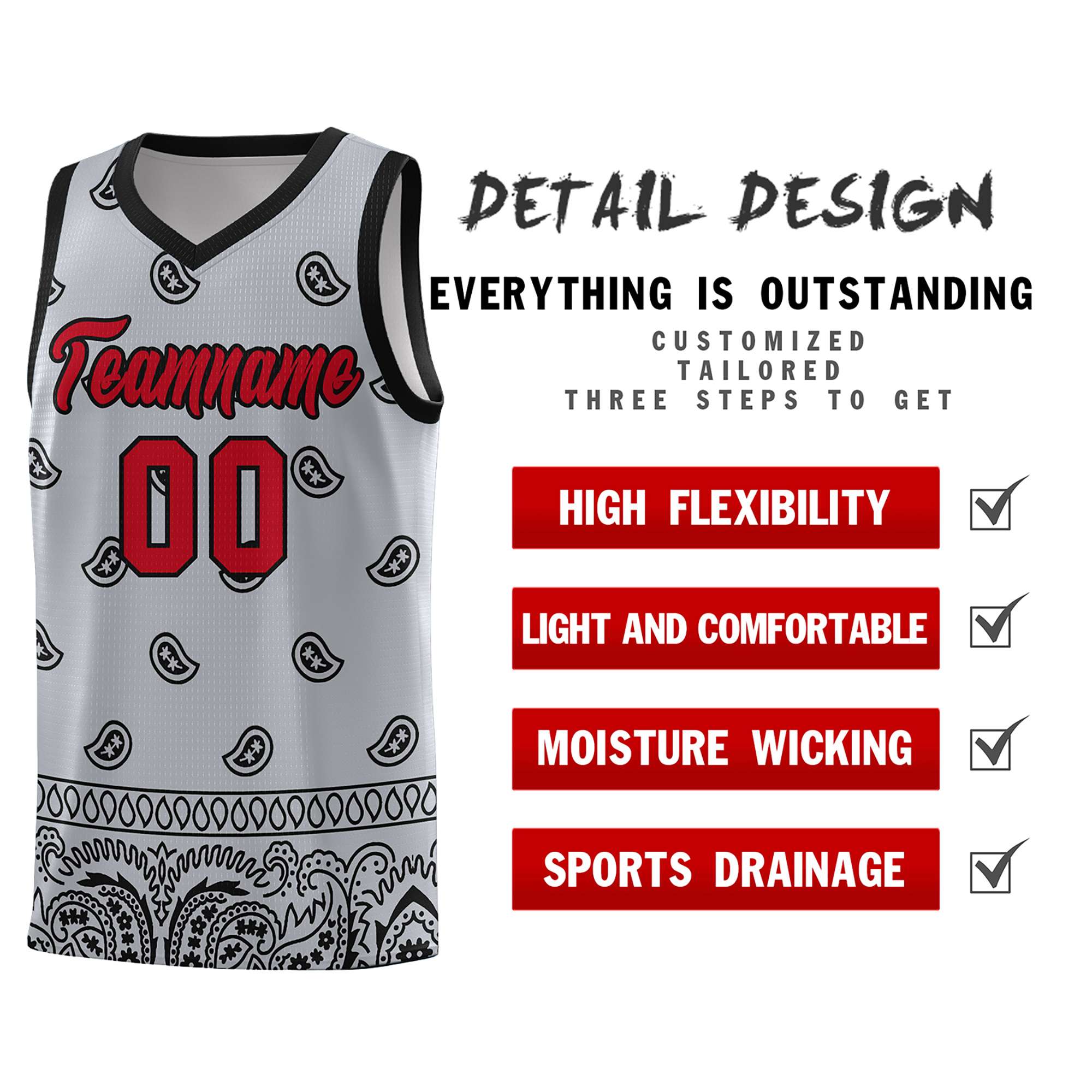 Custom Gray Black Personalized Cashew Pattern Sports Uniform Basketball Jersey