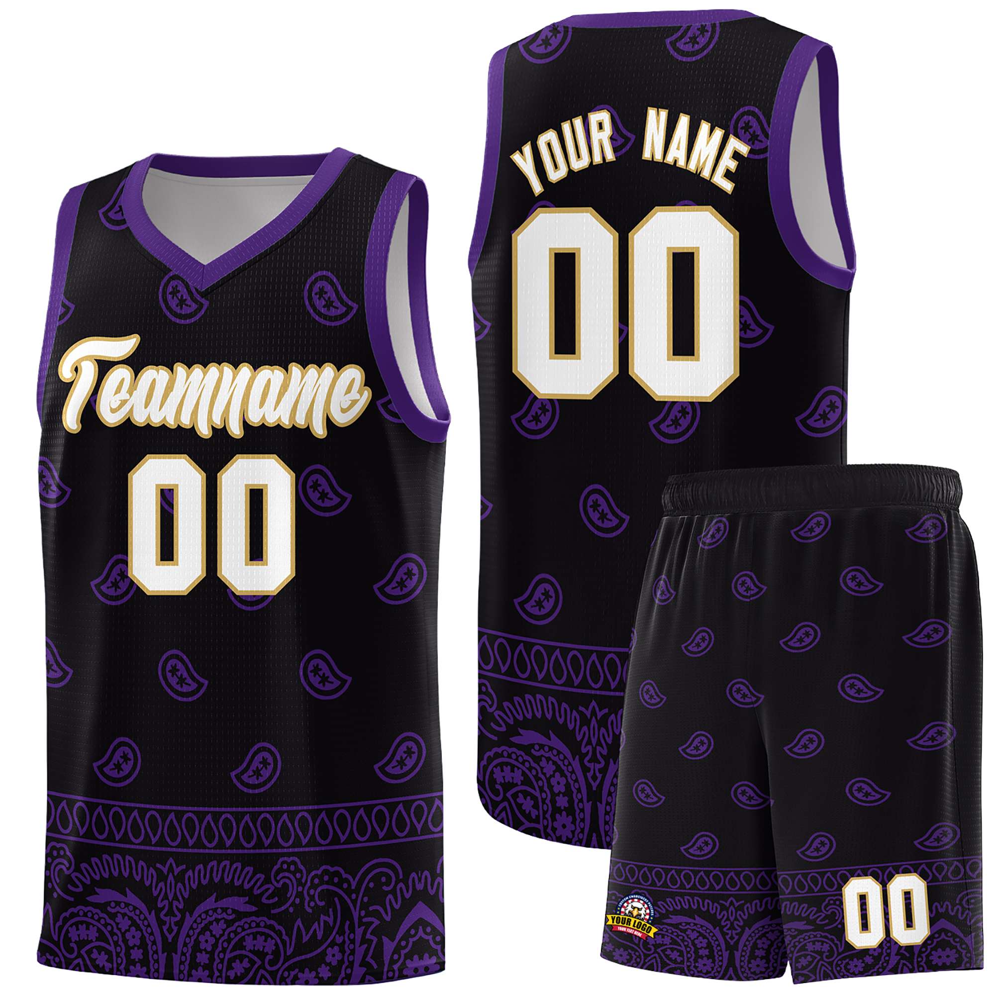 Custom Black Purple Personalized Cashew Pattern Sports Uniform Basketball Jersey