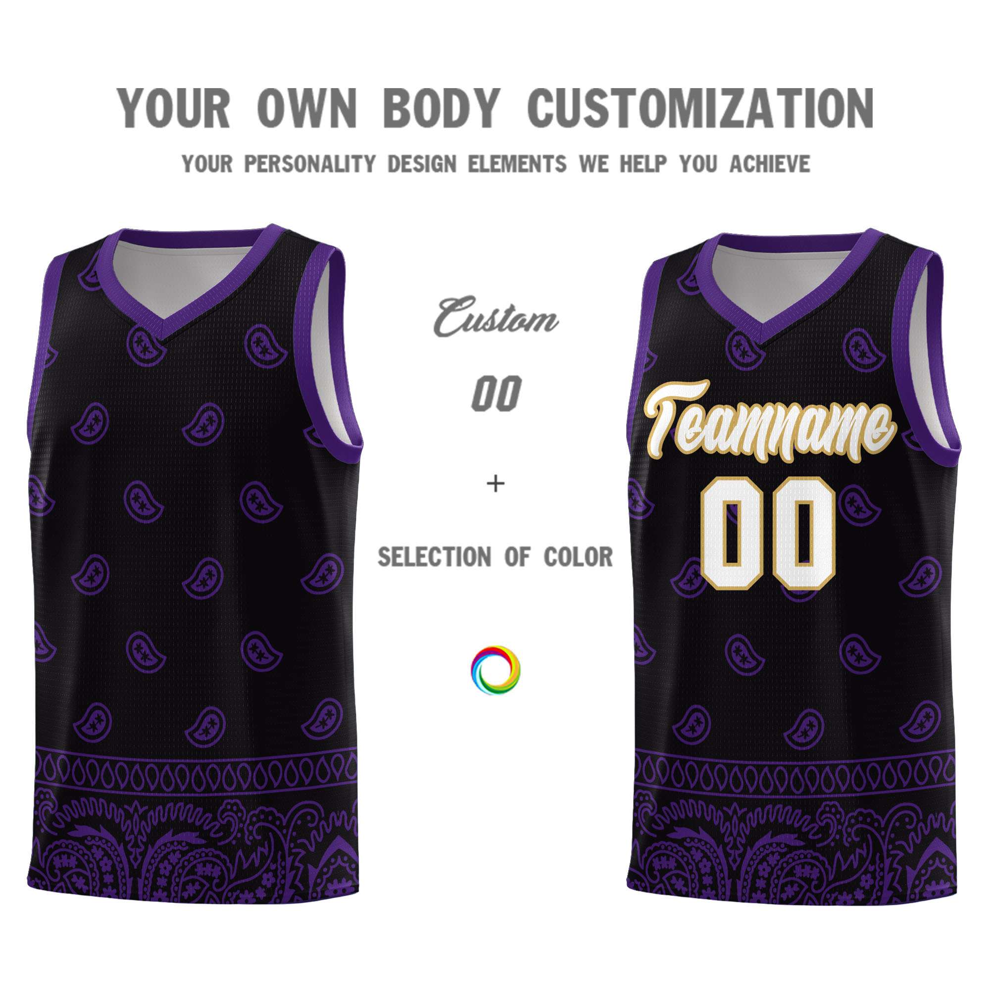 Custom Black Purple Personalized Cashew Pattern Sports Uniform Basketball Jersey