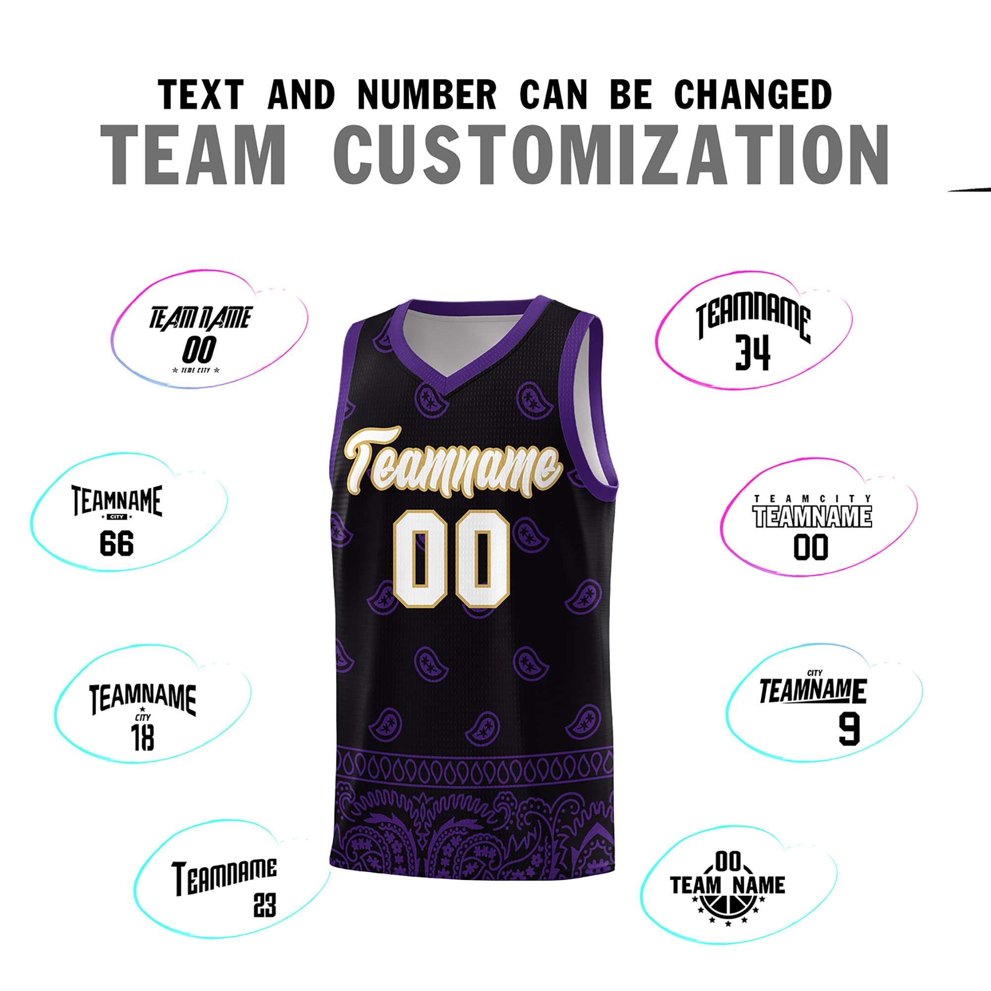 Custom Black Purple Personalized Cashew Pattern Sports Uniform Basketball Jersey