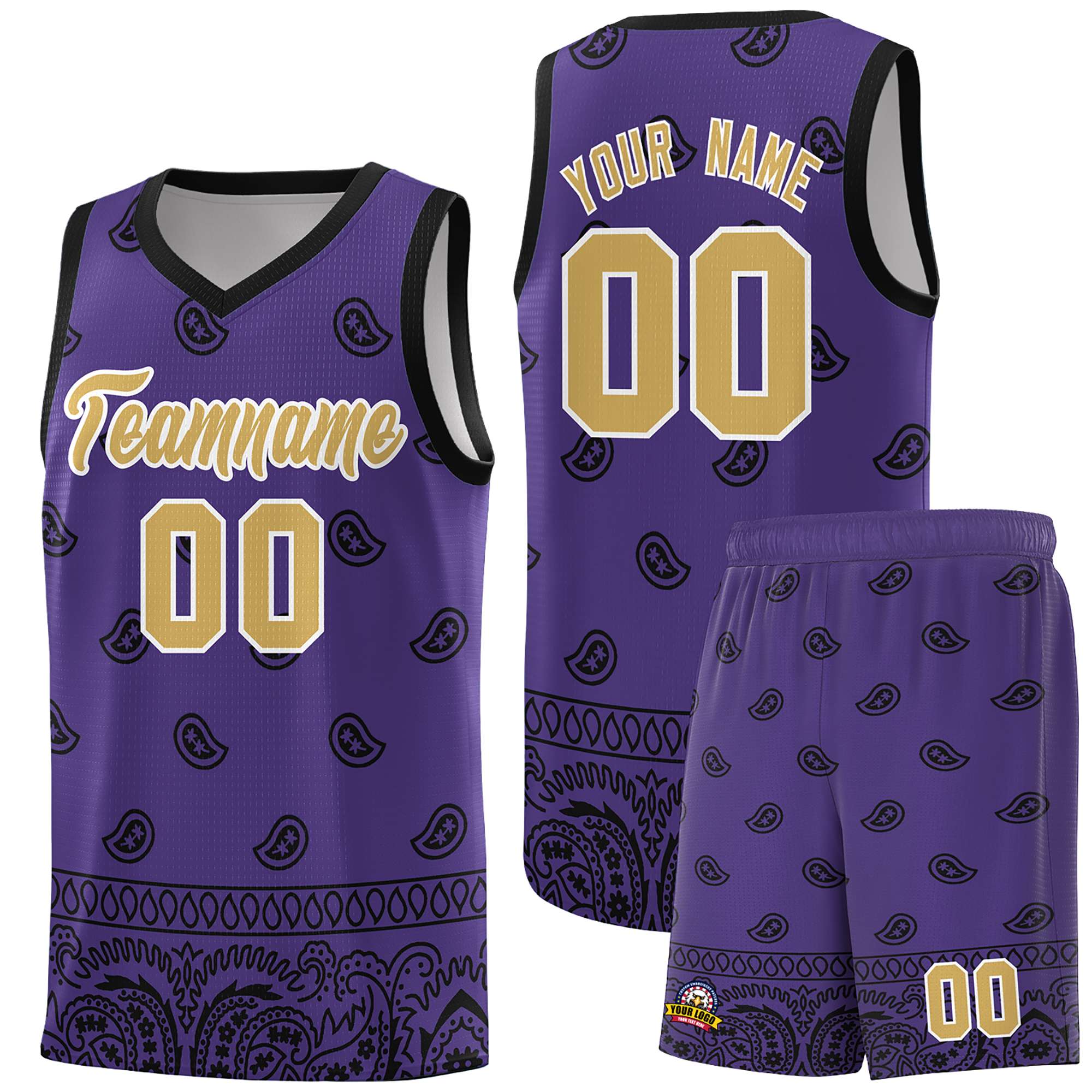 Custom Purple Black Personalized Cashew Pattern Sports Uniform Basketball Jersey