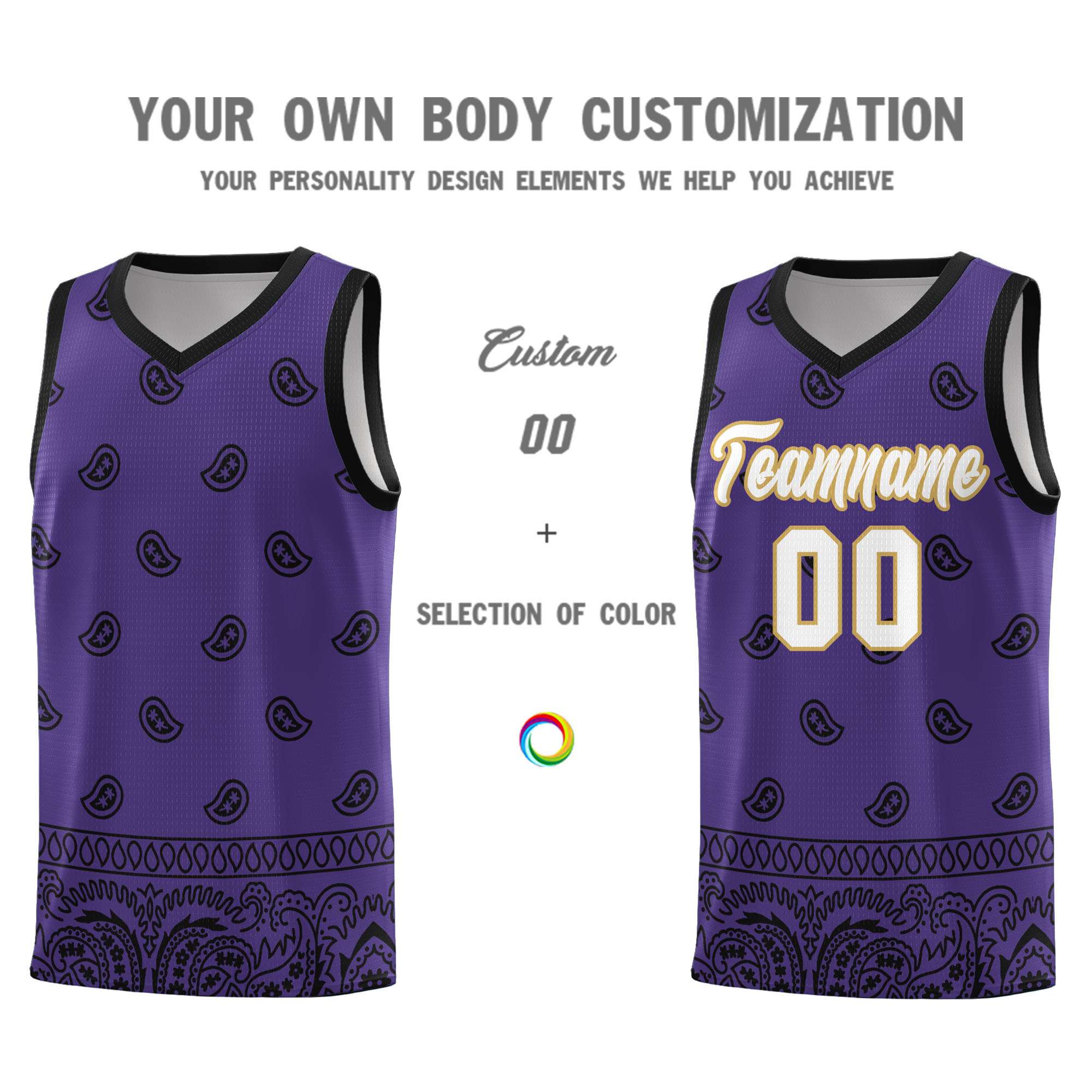 Custom Purple Black Personalized Cashew Pattern Sports Uniform Basketball Jersey