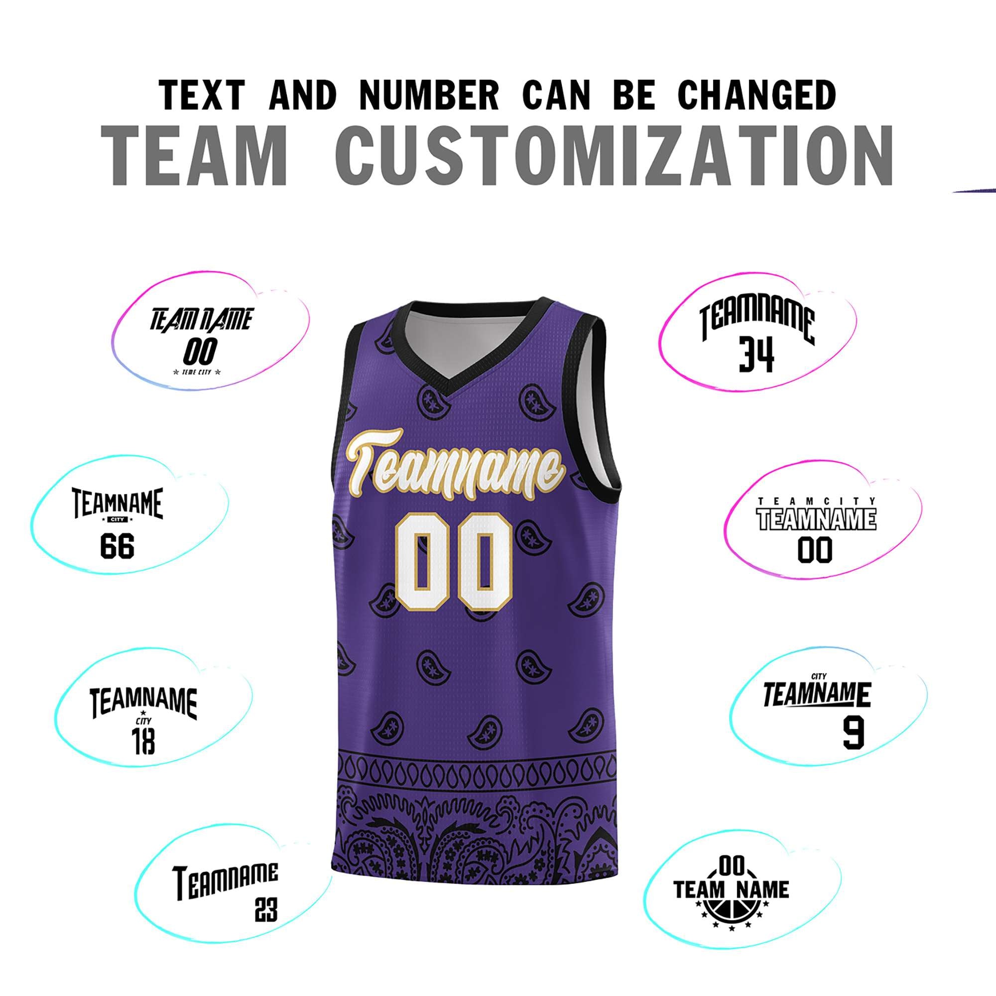 Custom Purple Black Personalized Cashew Pattern Sports Uniform Basketball Jersey