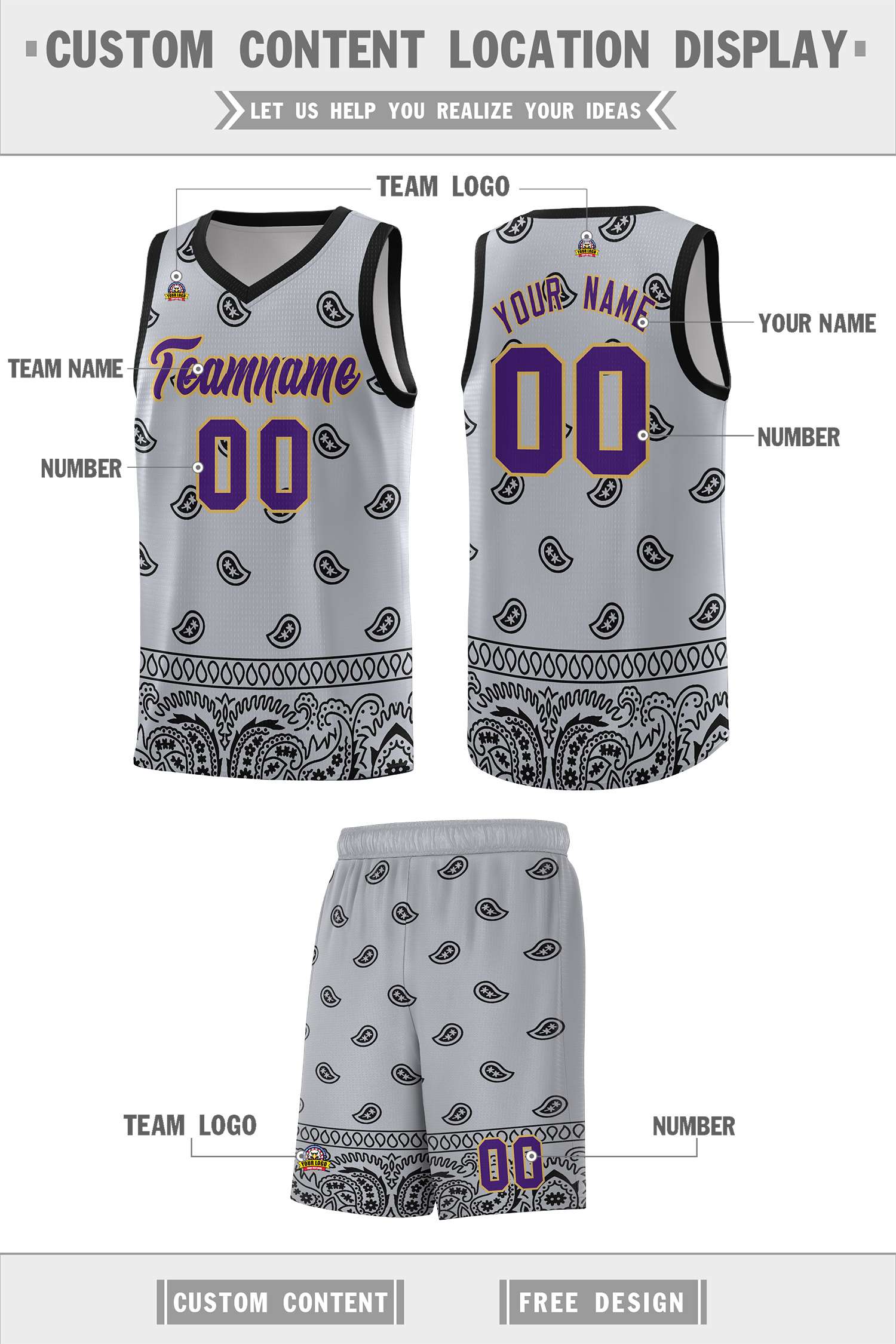 Custom Gray Black Personalized Cashew Pattern Sports Uniform Basketball Jersey