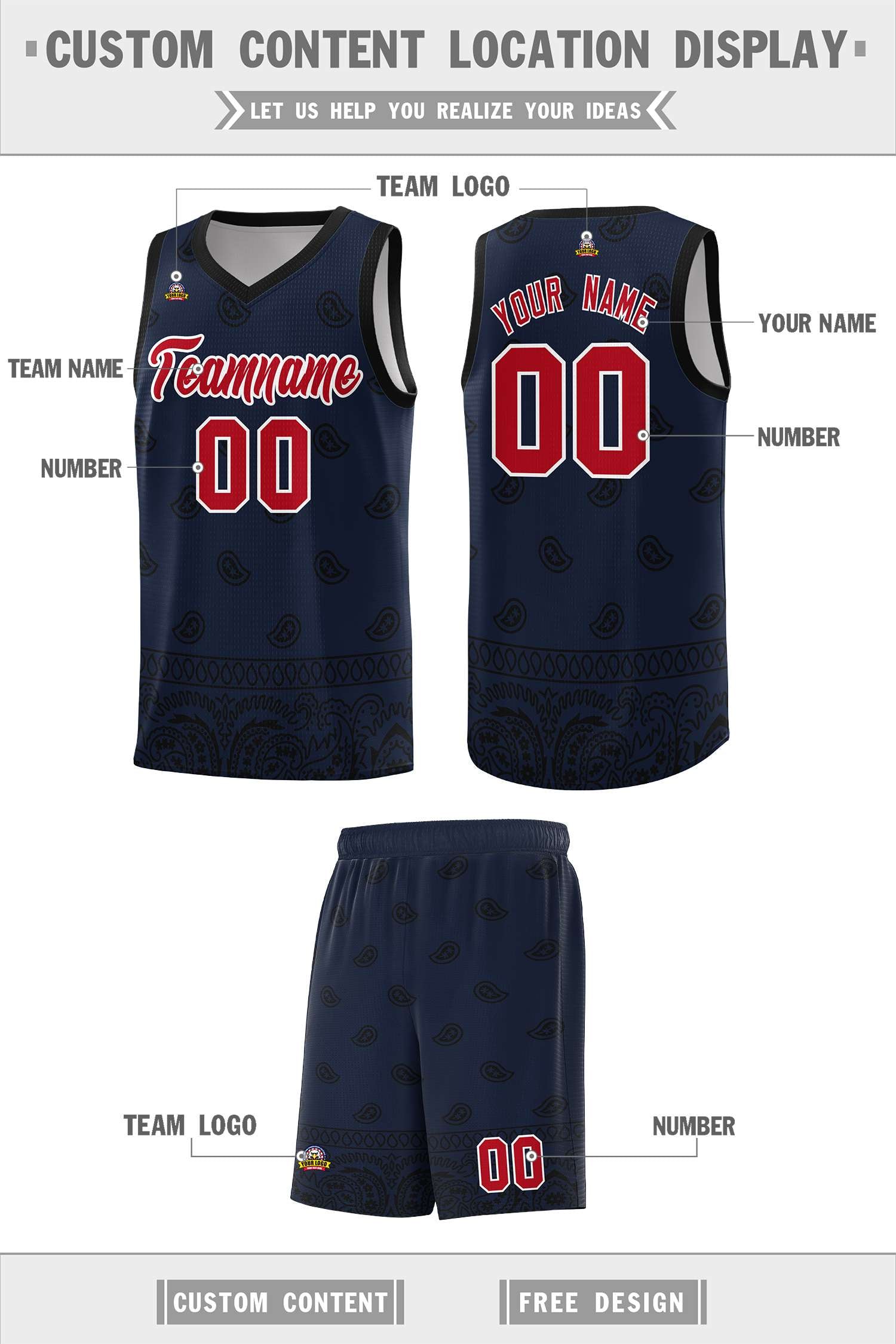 Custom Navy Black Personalized Cashew Pattern Sports Uniform Basketball Jersey