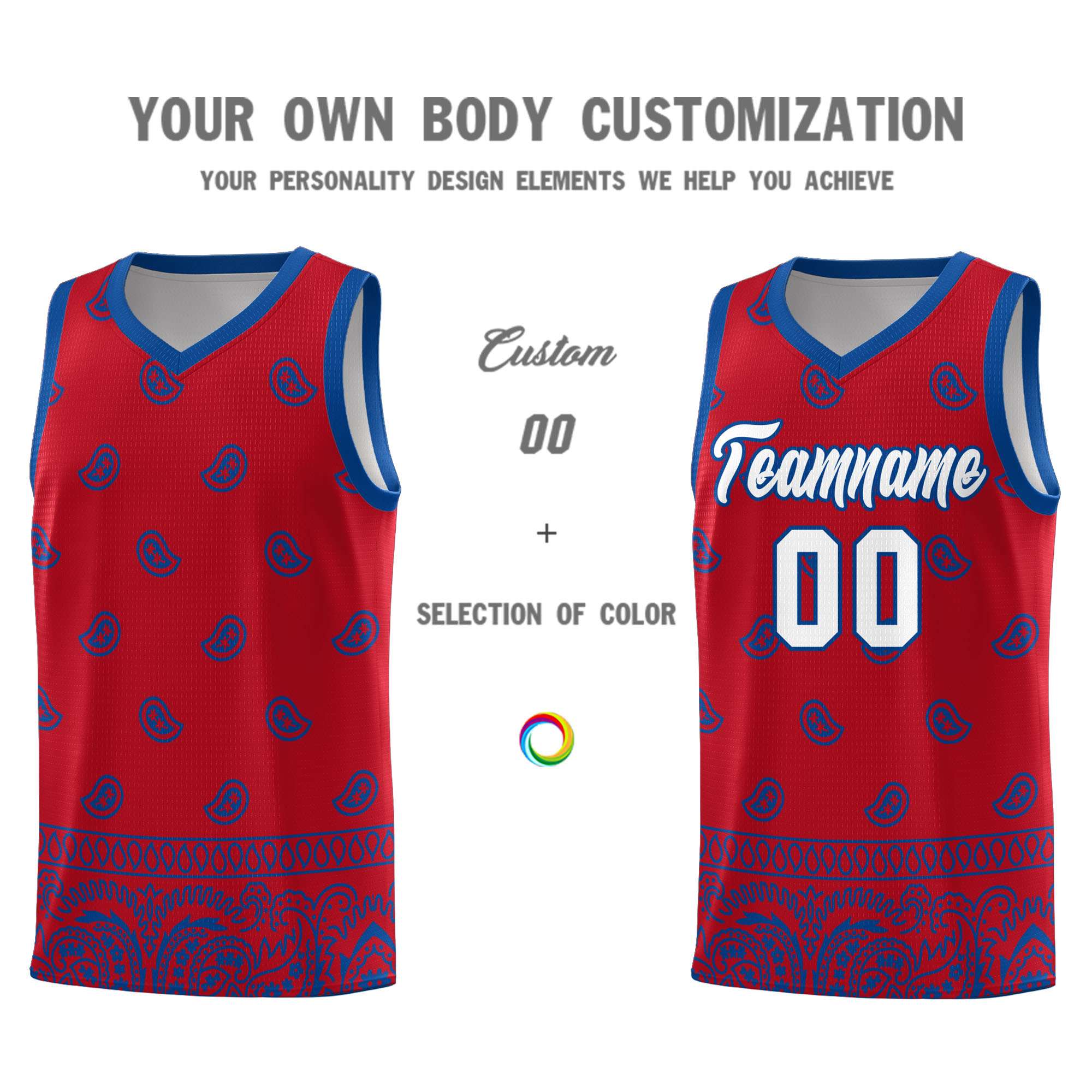 Custom Red Royal Personalized Cashew Pattern Sports Uniform Basketball Jersey