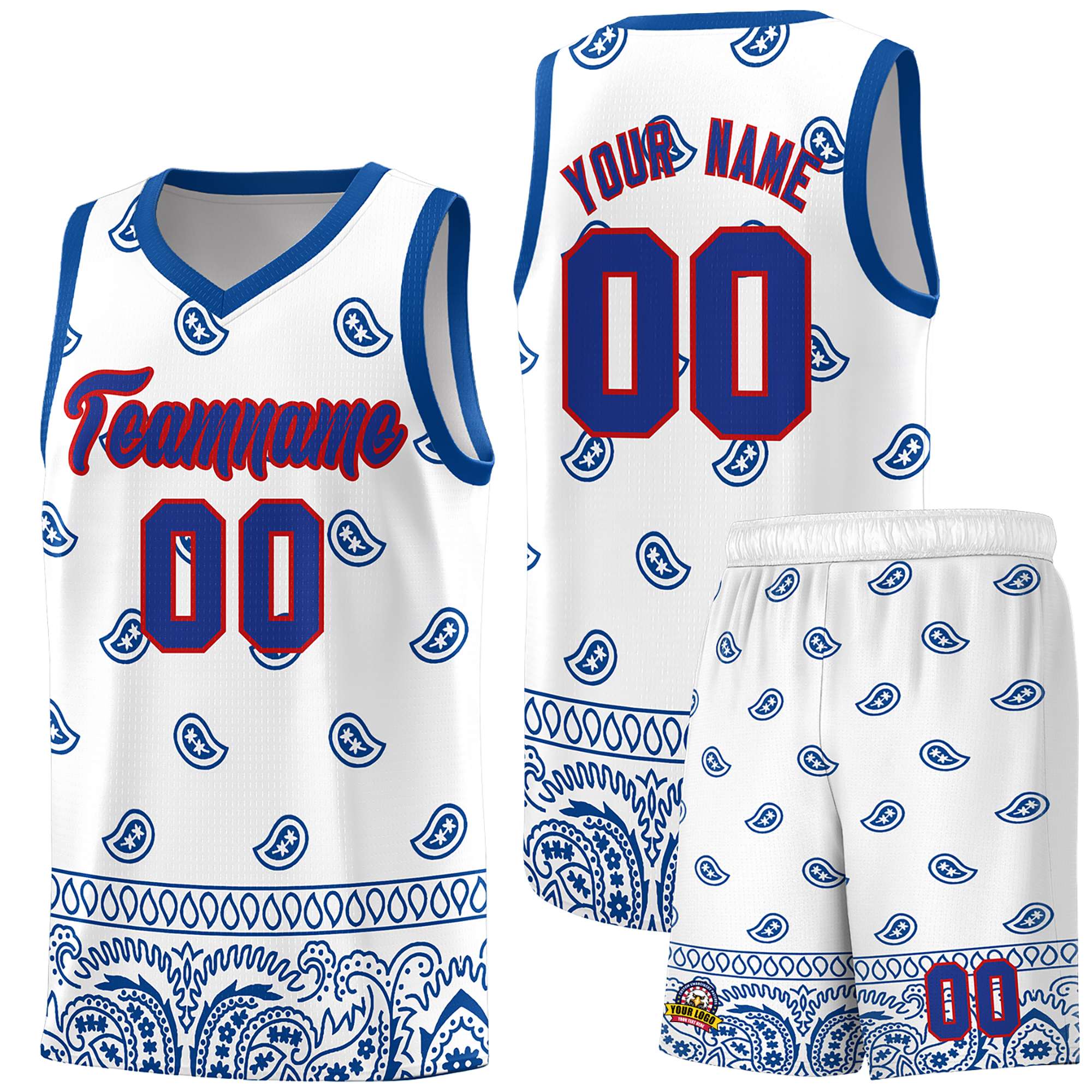 Custom White Royal Personalized Cashew Pattern Sports Uniform Basketball Jersey