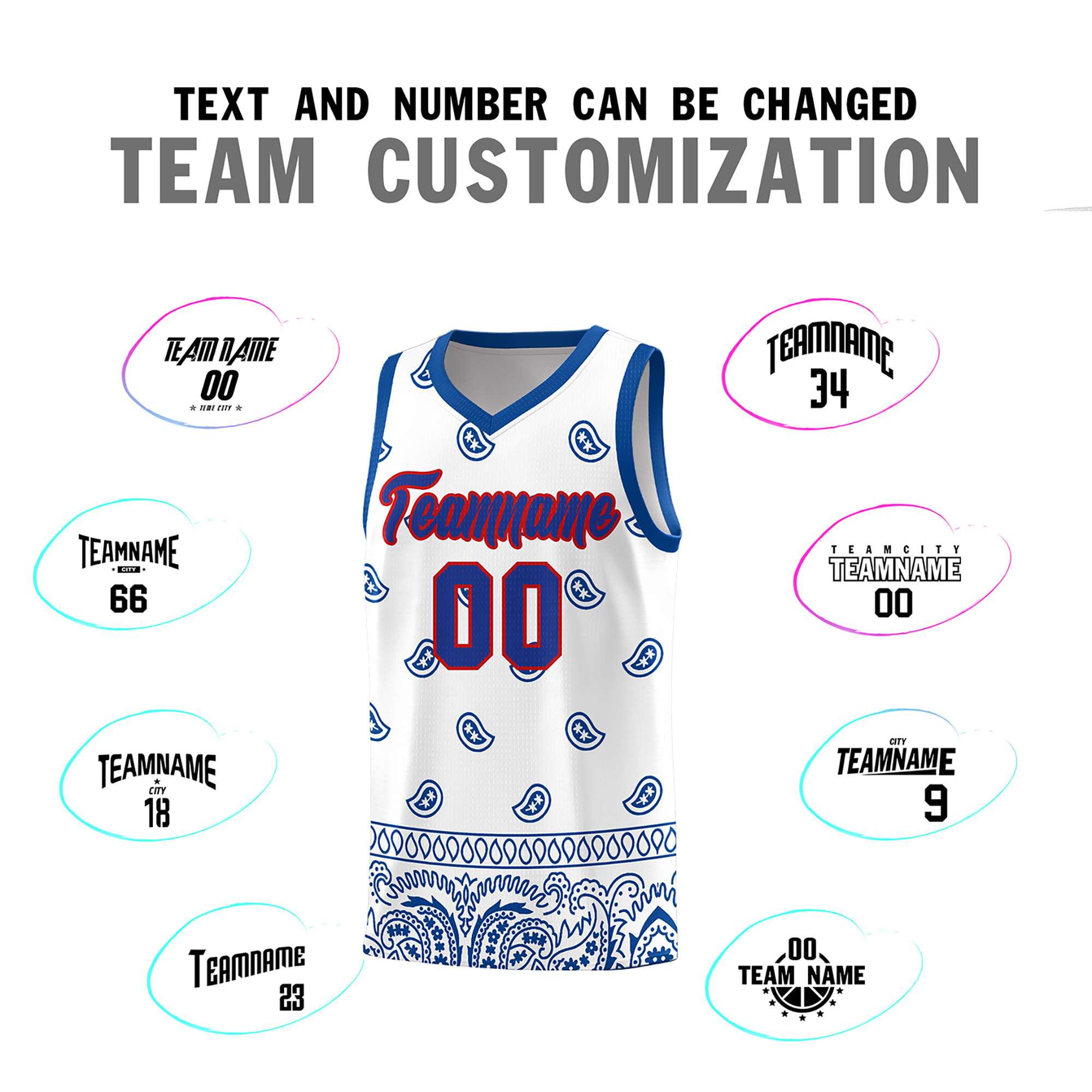 Custom White Royal Personalized Cashew Pattern Sports Uniform Basketball Jersey