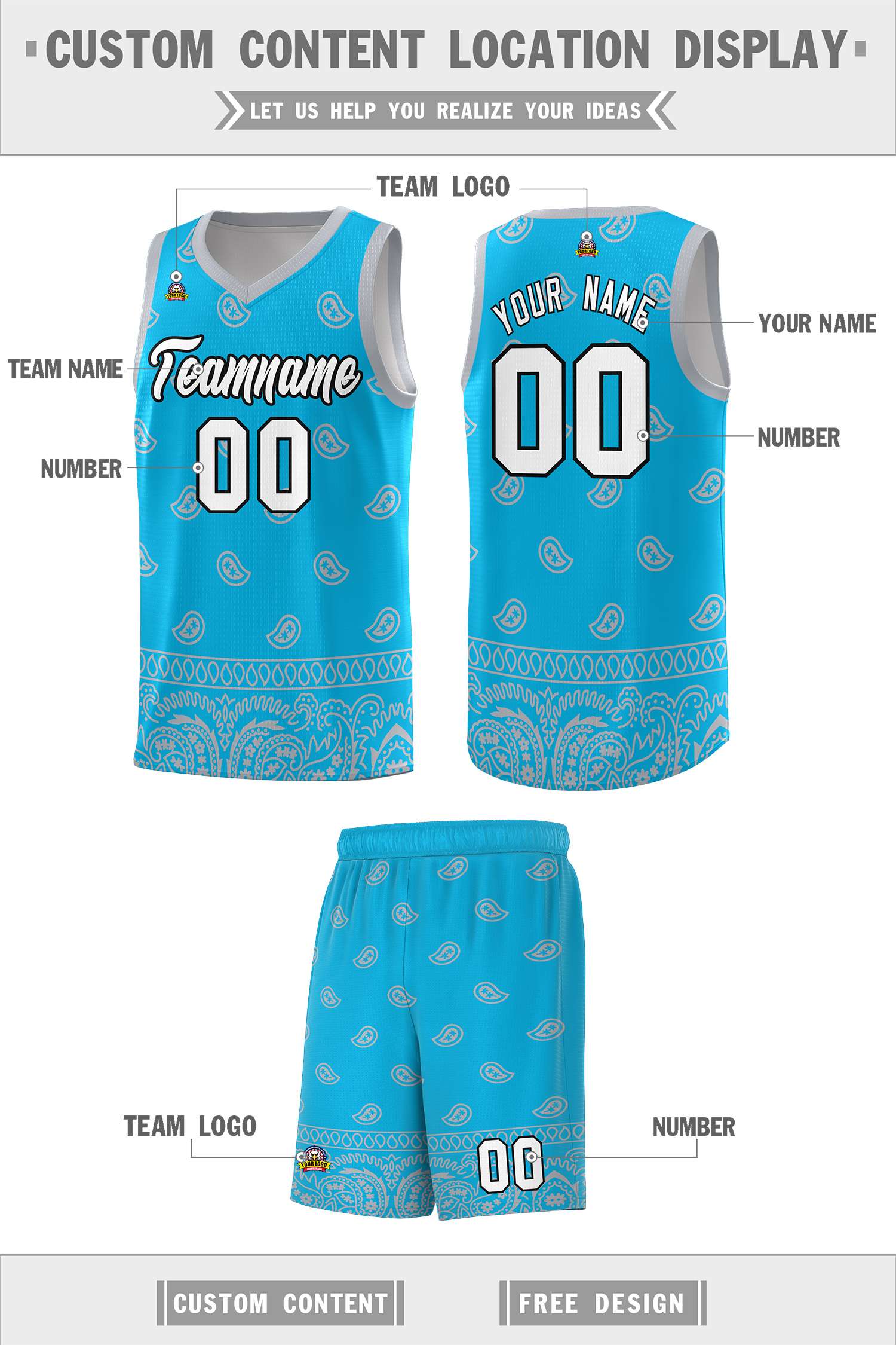 Custom Sky Blue Gray Personalized Cashew Pattern Sports Uniform Basketball Jersey