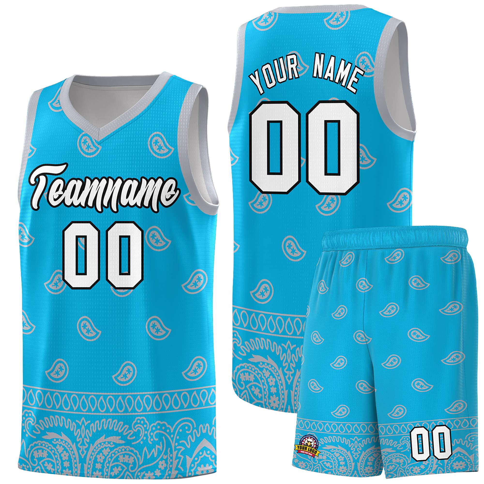 Custom Sky Blue Gray Personalized Cashew Pattern Sports Uniform Basketball Jersey