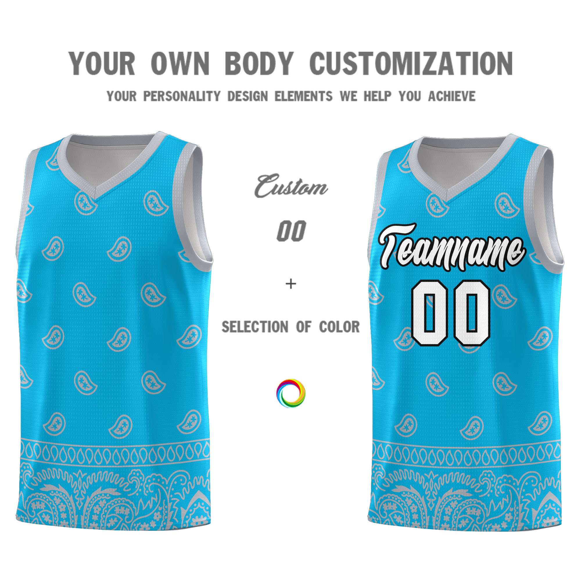 Custom Sky Blue Gray Personalized Cashew Pattern Sports Uniform Basketball Jersey