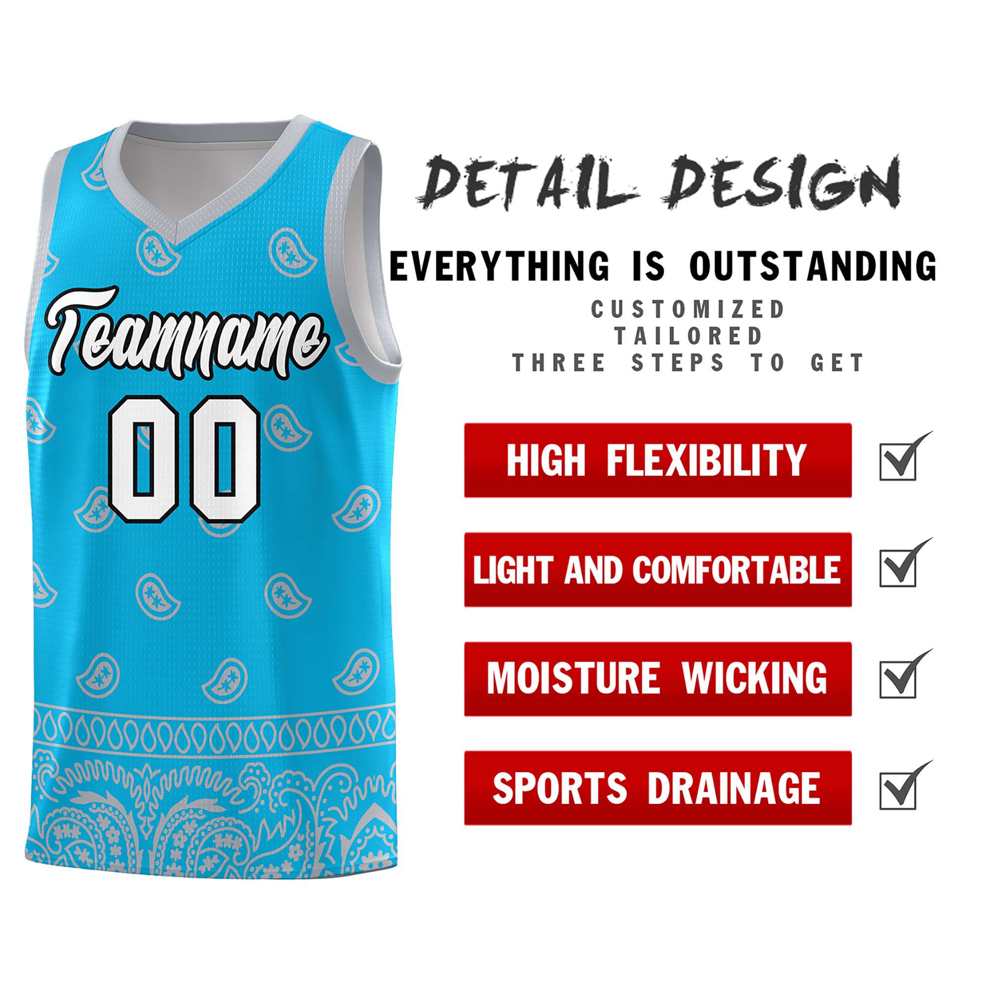 Custom Sky Blue Gray Personalized Cashew Pattern Sports Uniform Basketball Jersey