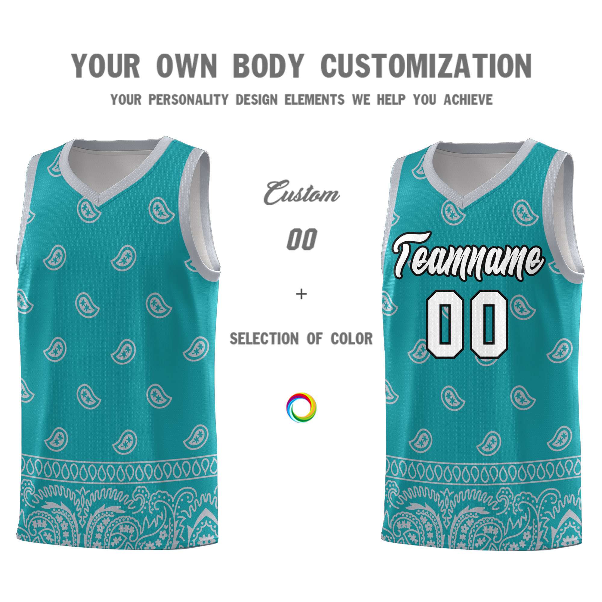 Custom Aqua Gray Personalized Cashew Pattern Sports Uniform Basketball Jersey