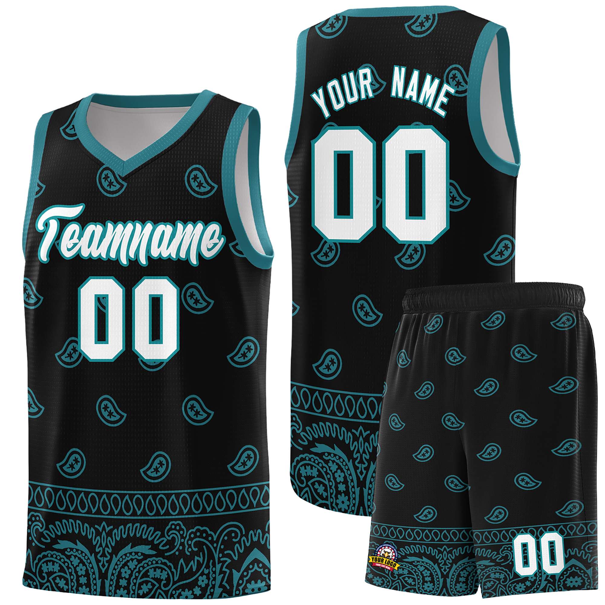 Custom Black Aqua Personalized Cashew Pattern Sports Uniform Basketball Jersey