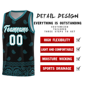 Custom Black Aqua Personalized Cashew Pattern Sports Uniform Basketball Jersey