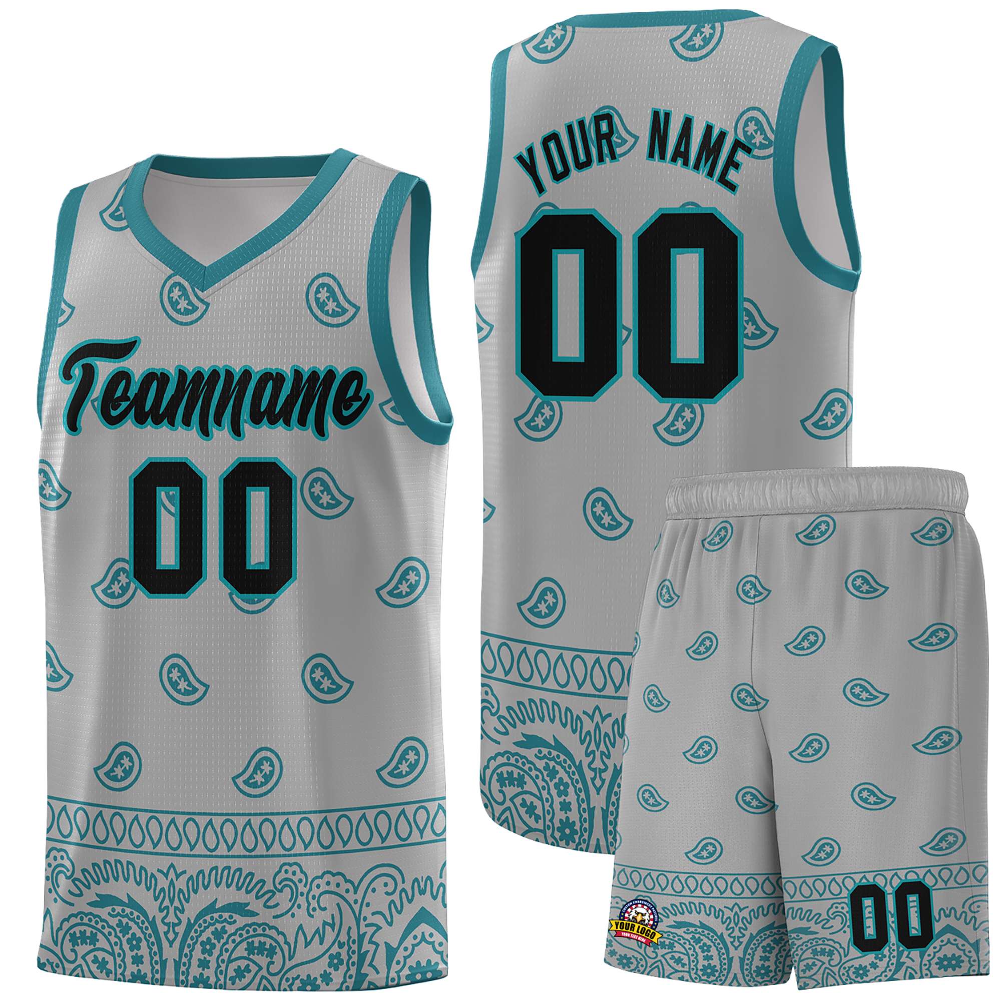 Custom Gray Aqua Personalized Cashew Pattern Sports Uniform Basketball Jersey