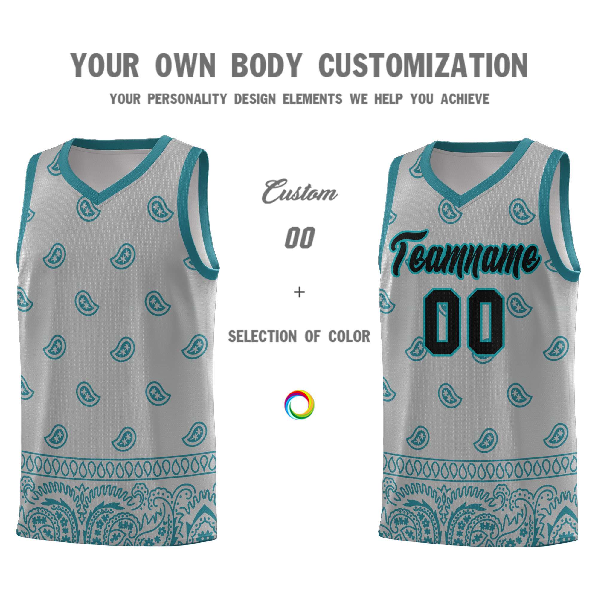 Custom Gray Aqua Personalized Cashew Pattern Sports Uniform Basketball Jersey