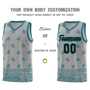 Custom Gray Aqua Personalized Cashew Pattern Sports Uniform Basketball Jersey