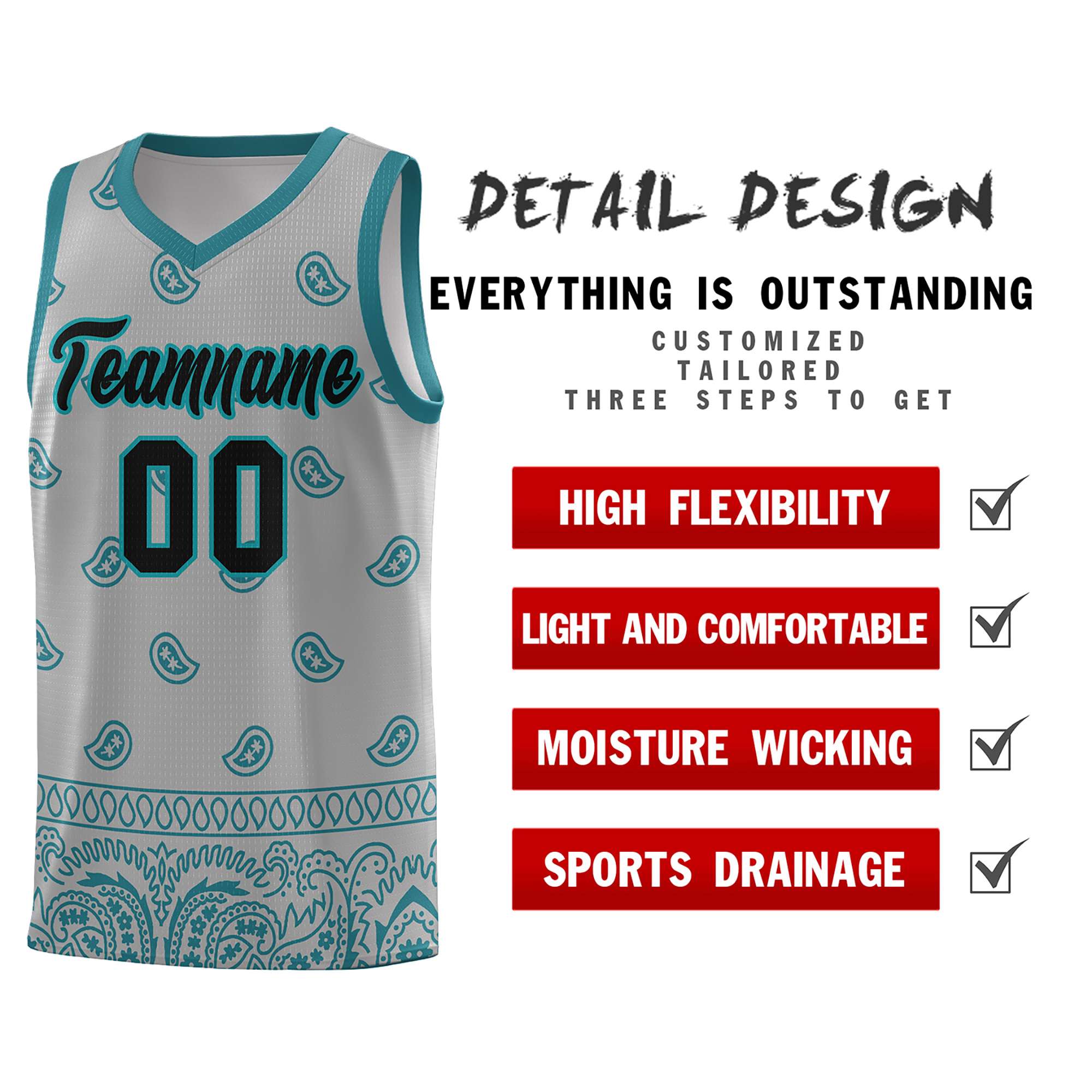 Custom Gray Aqua Personalized Cashew Pattern Sports Uniform Basketball Jersey