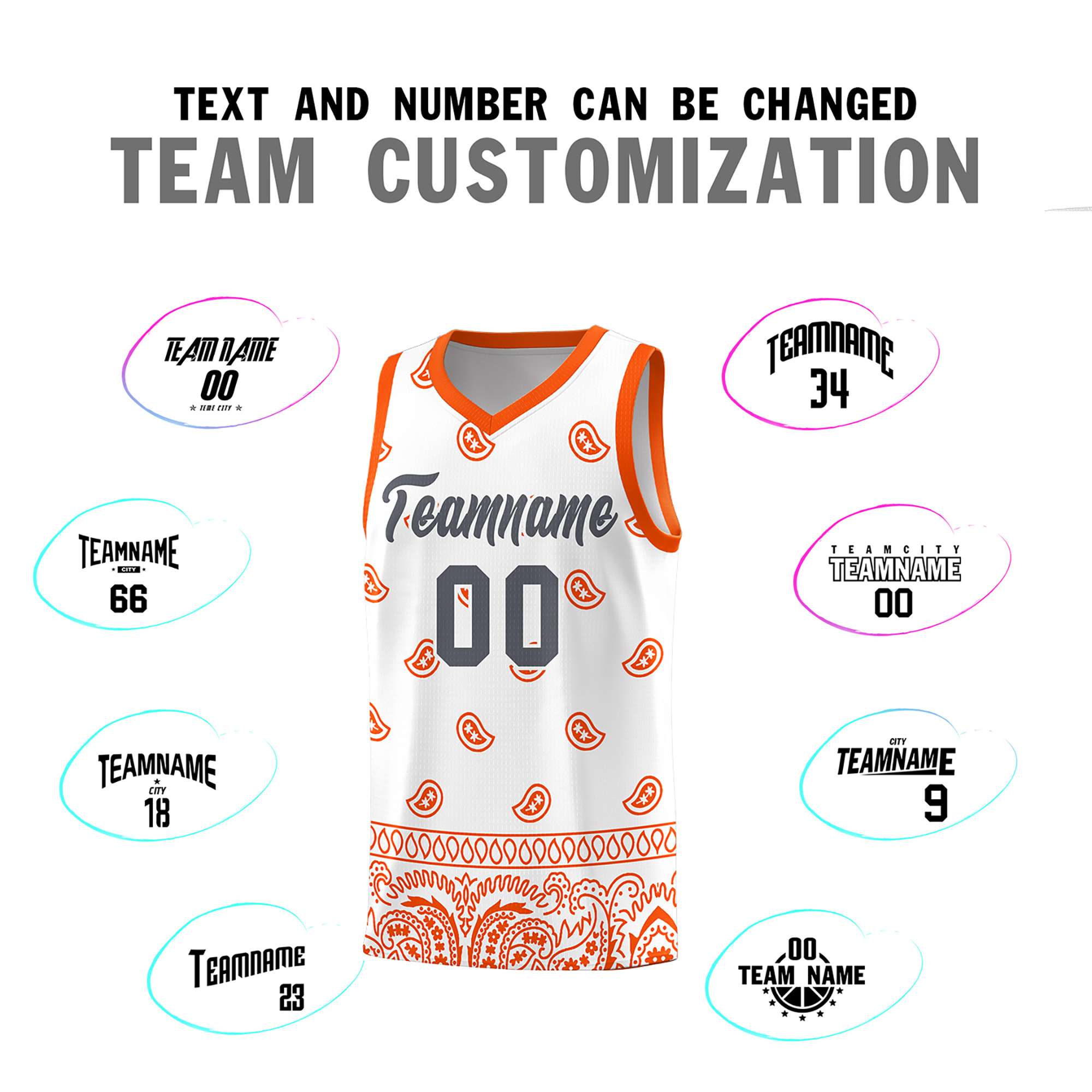 Custom White Orange Personalized Cashew Pattern Sports Uniform Basketball Jersey