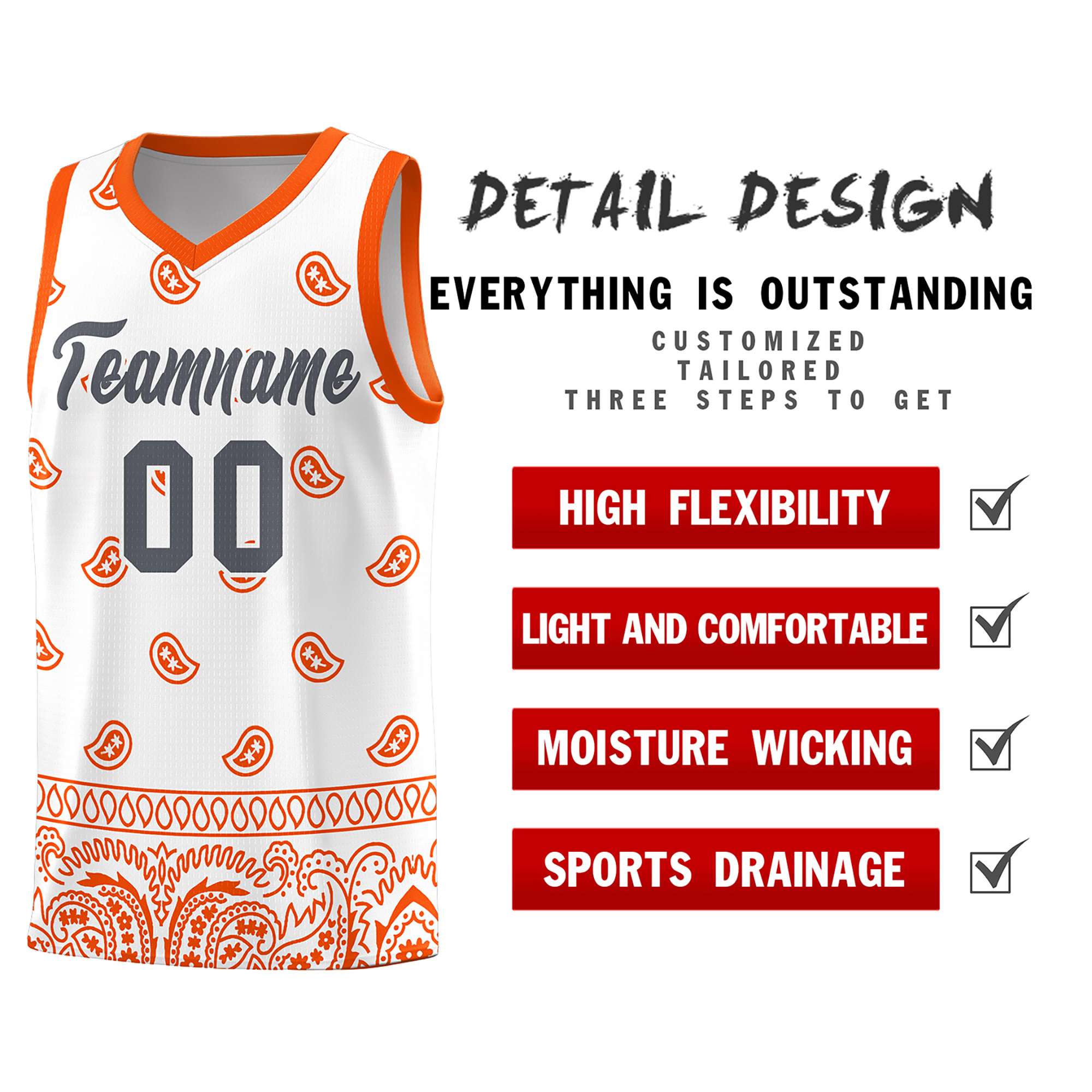 Custom White Orange Personalized Cashew Pattern Sports Uniform Basketball Jersey