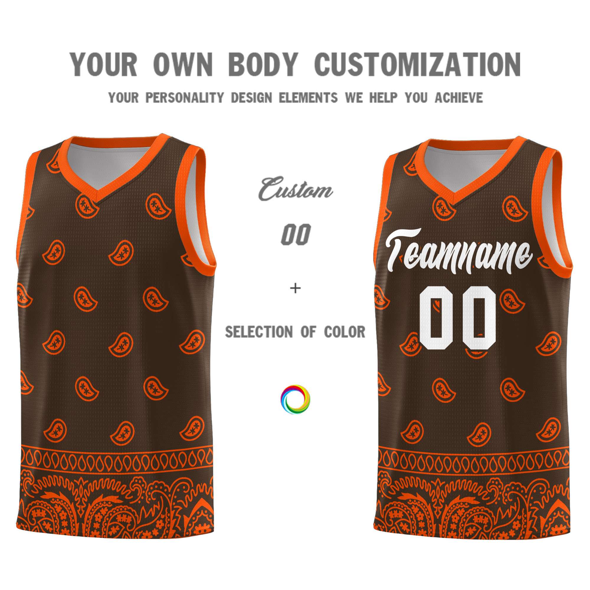 Custom Brown Orange Personalized Cashew Pattern Sports Uniform Basketball Jersey