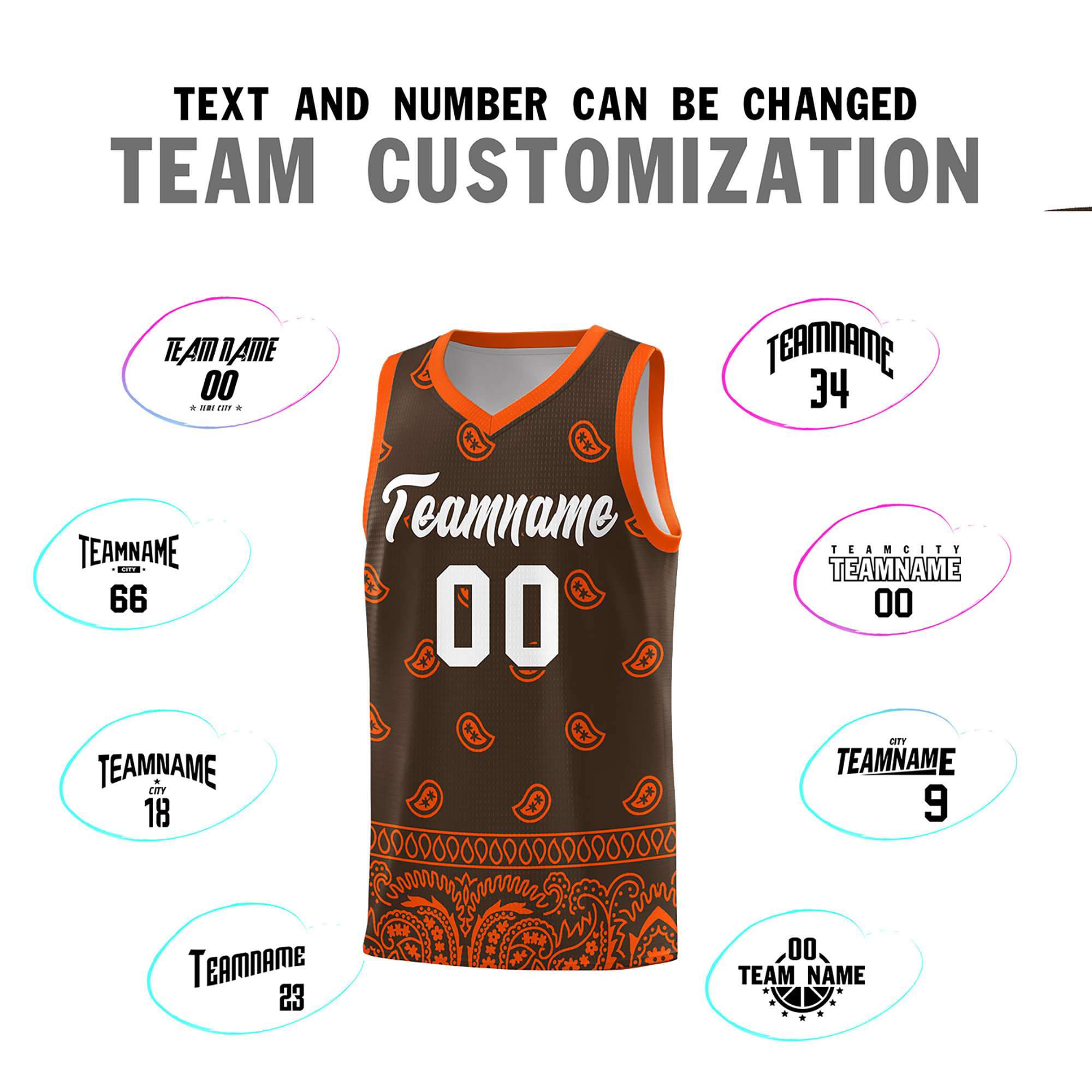 Custom Brown Orange Personalized Cashew Pattern Sports Uniform Basketball Jersey