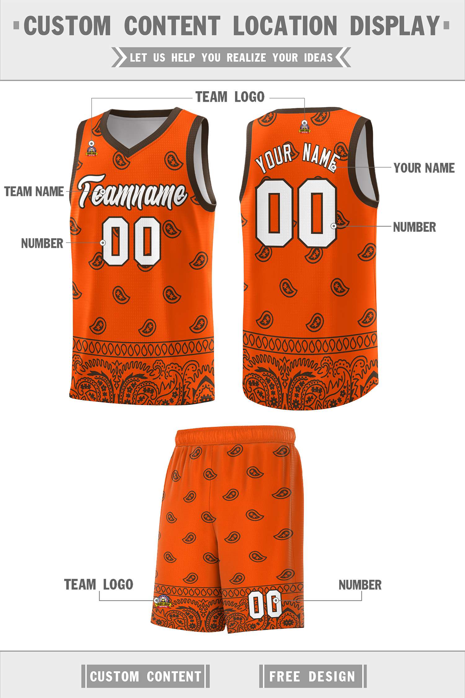 Custom Orange Brown Personalized Cashew Pattern Sports Uniform Basketball Jersey