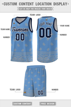 Custom Light Blue Gray Personalized Cashew Pattern Sports Uniform Basketball Jersey