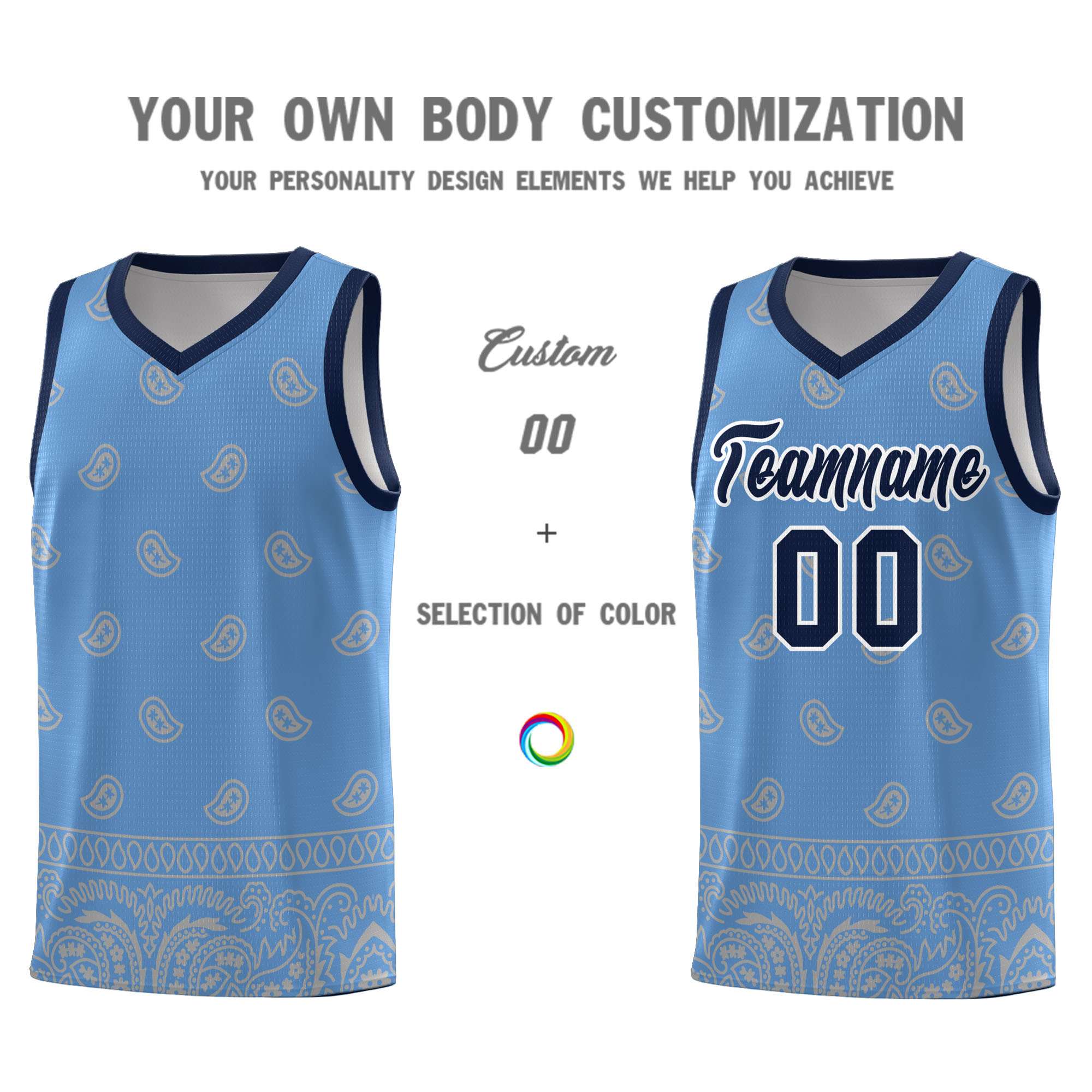 Custom Light Blue Gray Personalized Cashew Pattern Sports Uniform Basketball Jersey